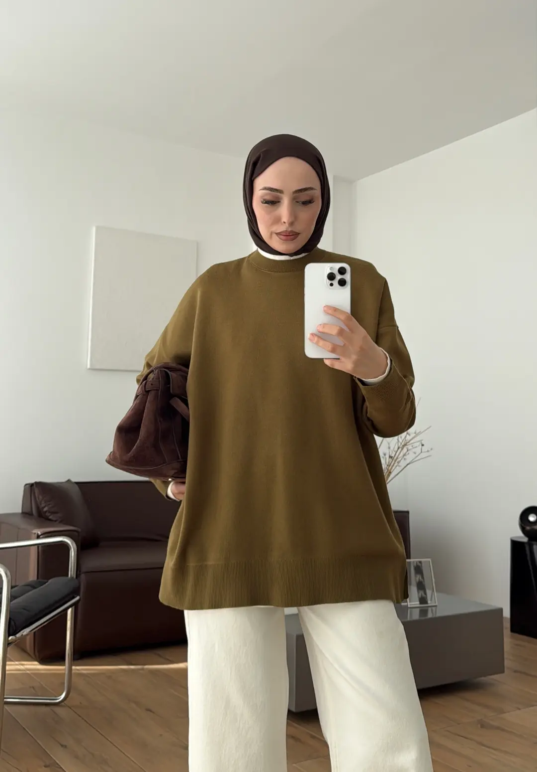 Kontrast Geçişli Triko Kazak Olive