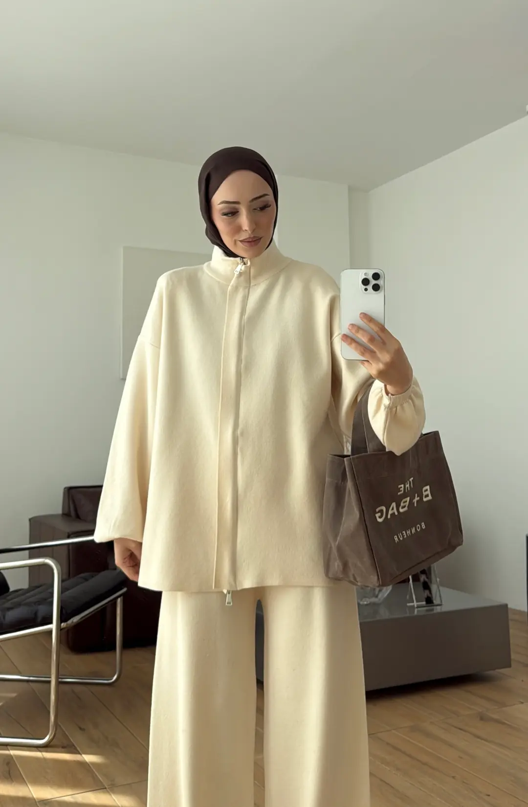 Çift Fermuarlı Tok Kumaş Triko Takım Krem