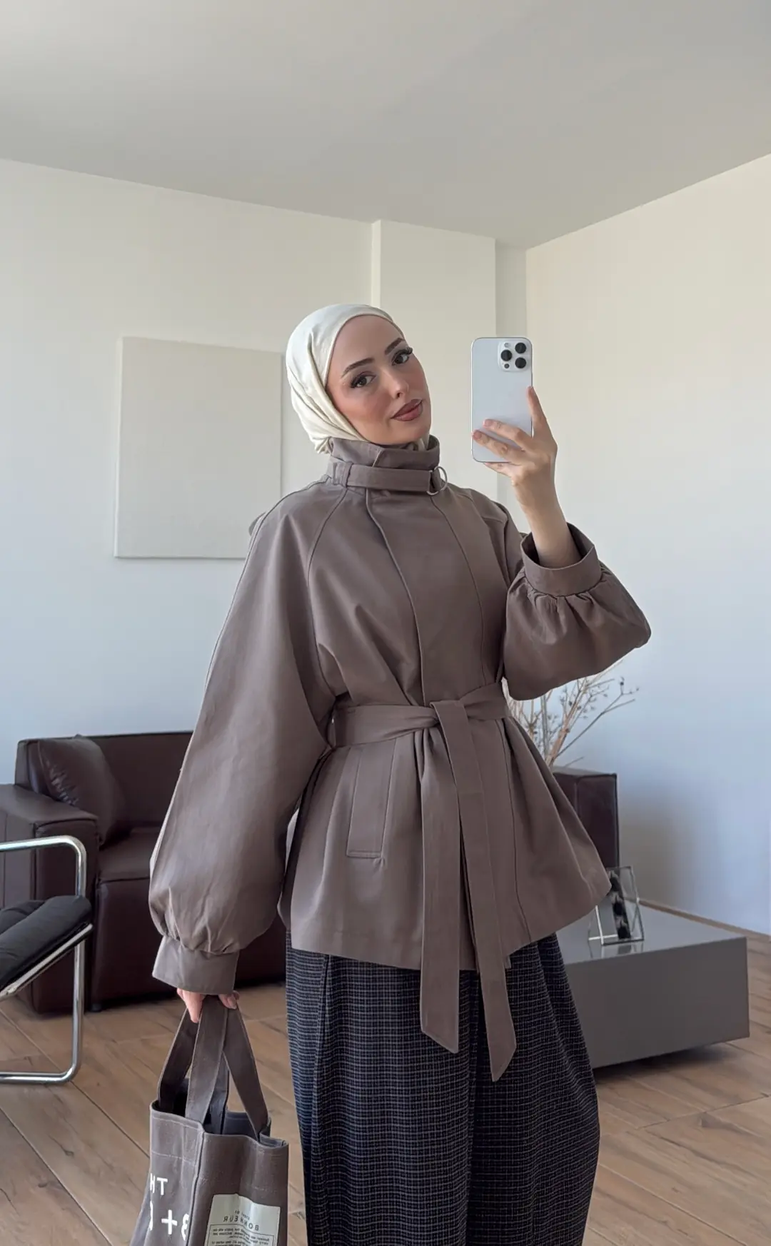 Kuşaklı Dik Yaka Ceket Vizon