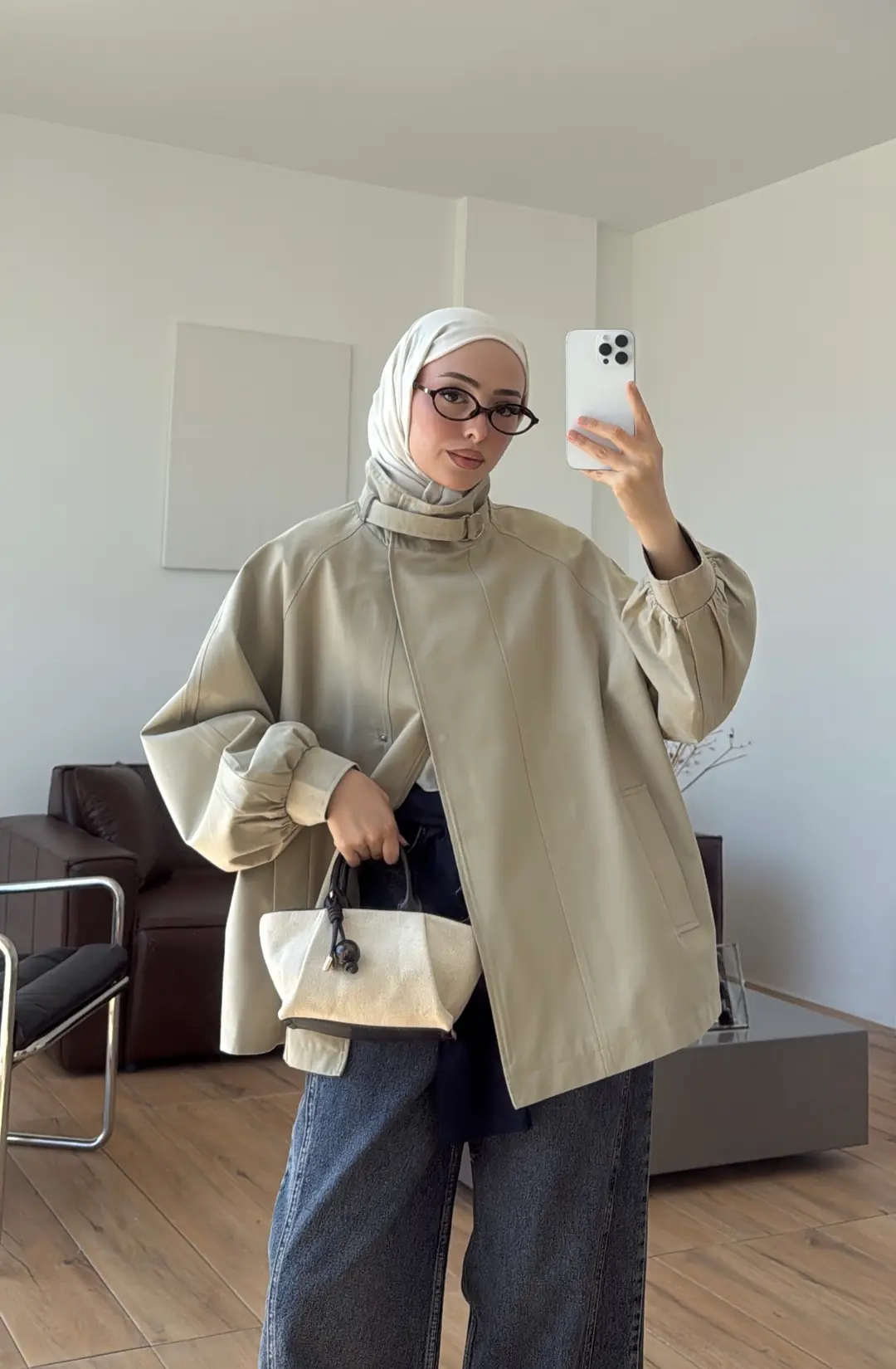 Kuşaklı Dik Yaka Ceket Haki