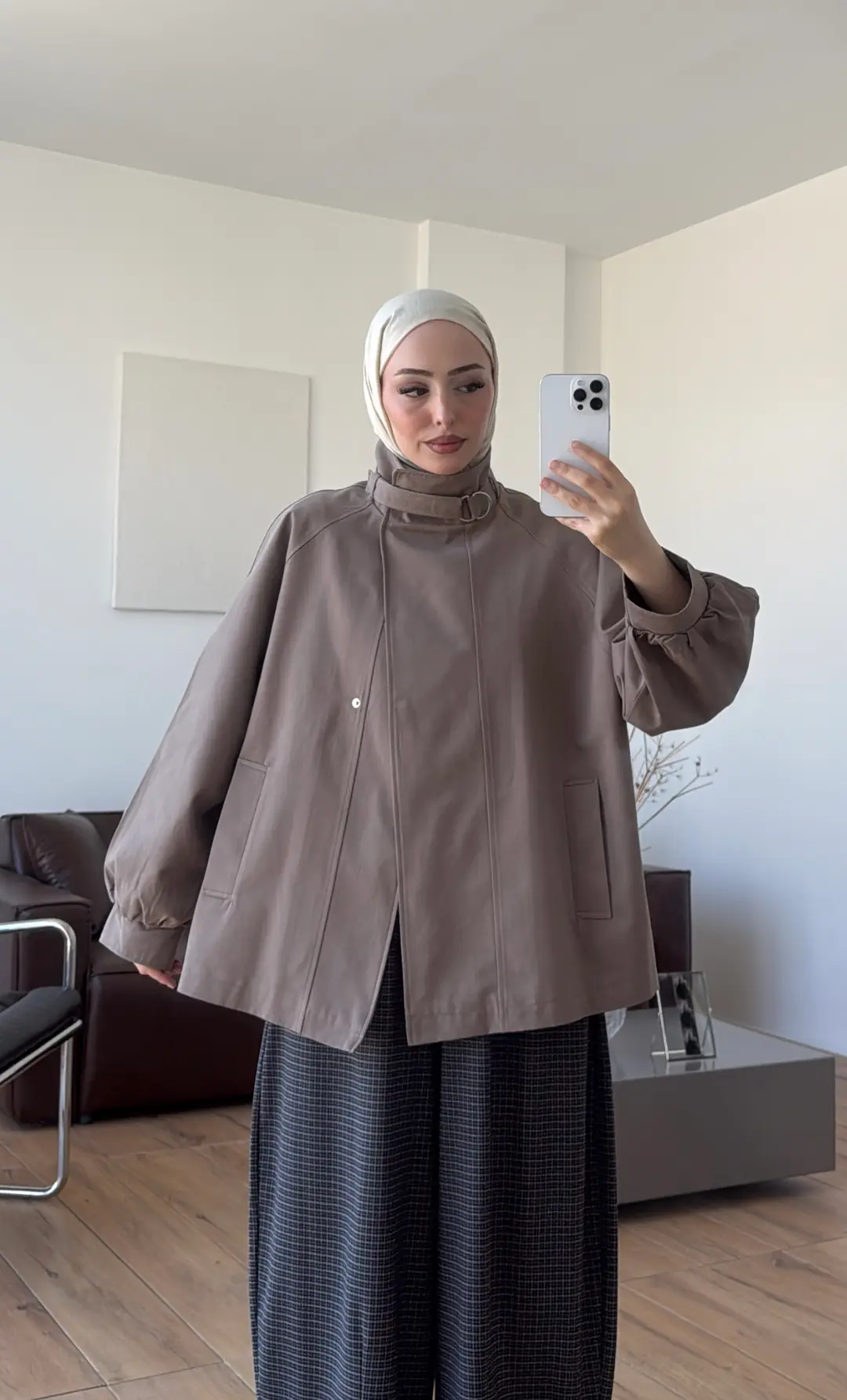 Kuşaklı Dik Yaka Ceket Vizon