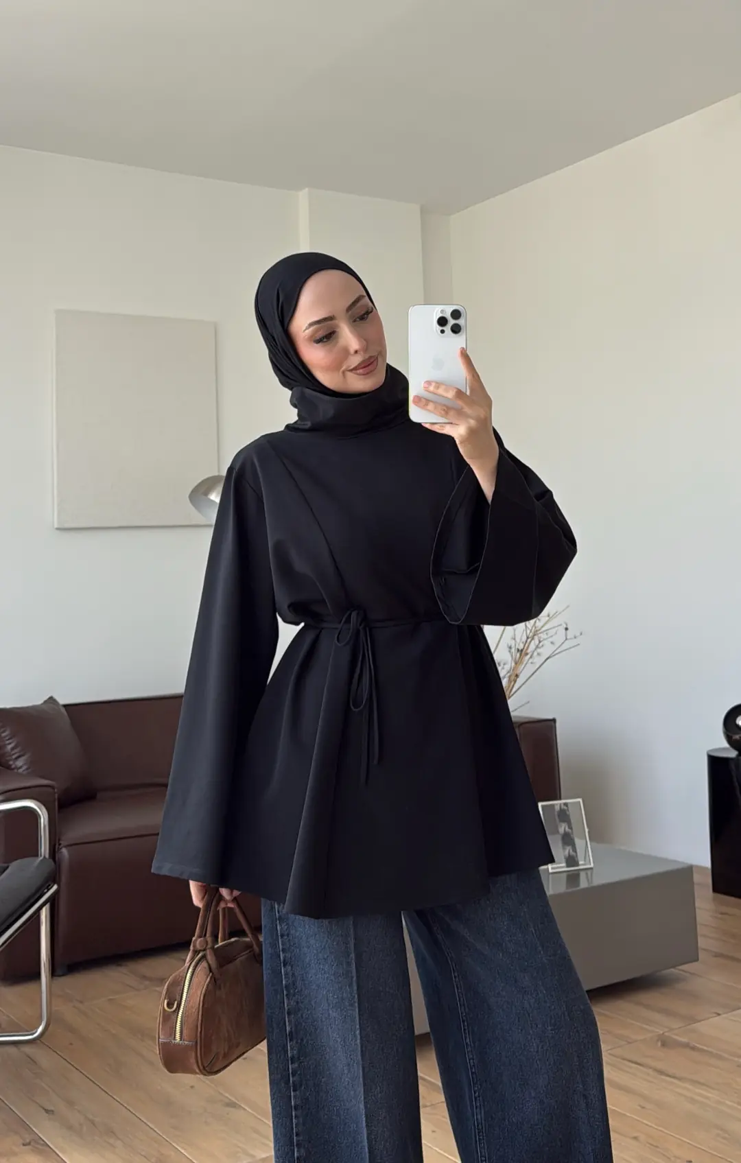Bel Bağlamalı Dik Yaka Tunik Siyah