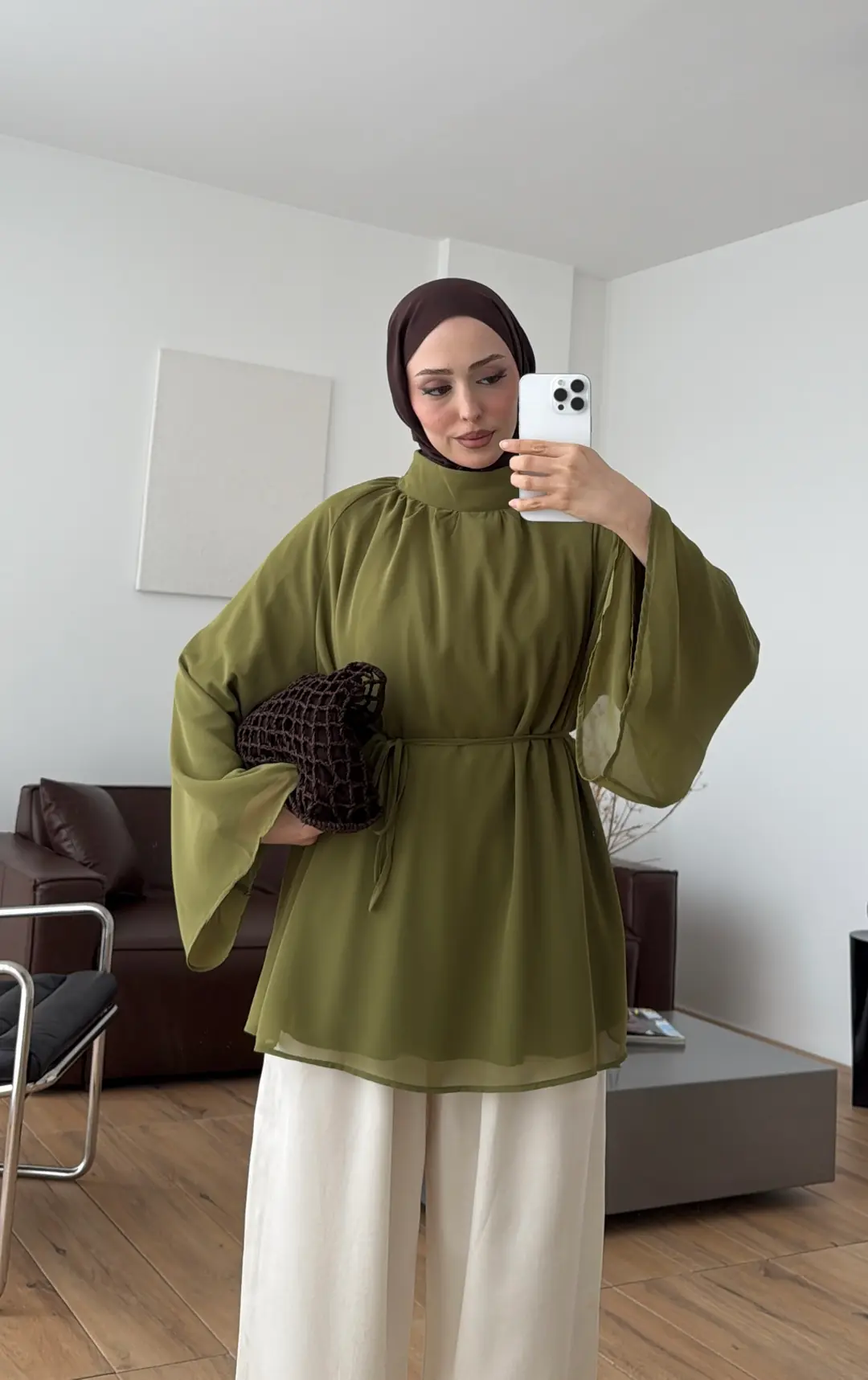Şifon Dökümlü Bluz Olive