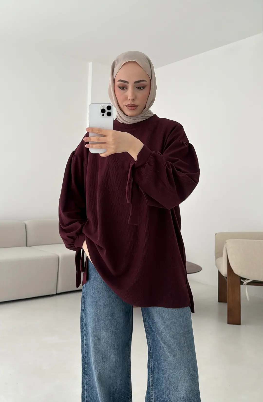 Selanik Balon Kol Bagcıklı Sweat Bordo
