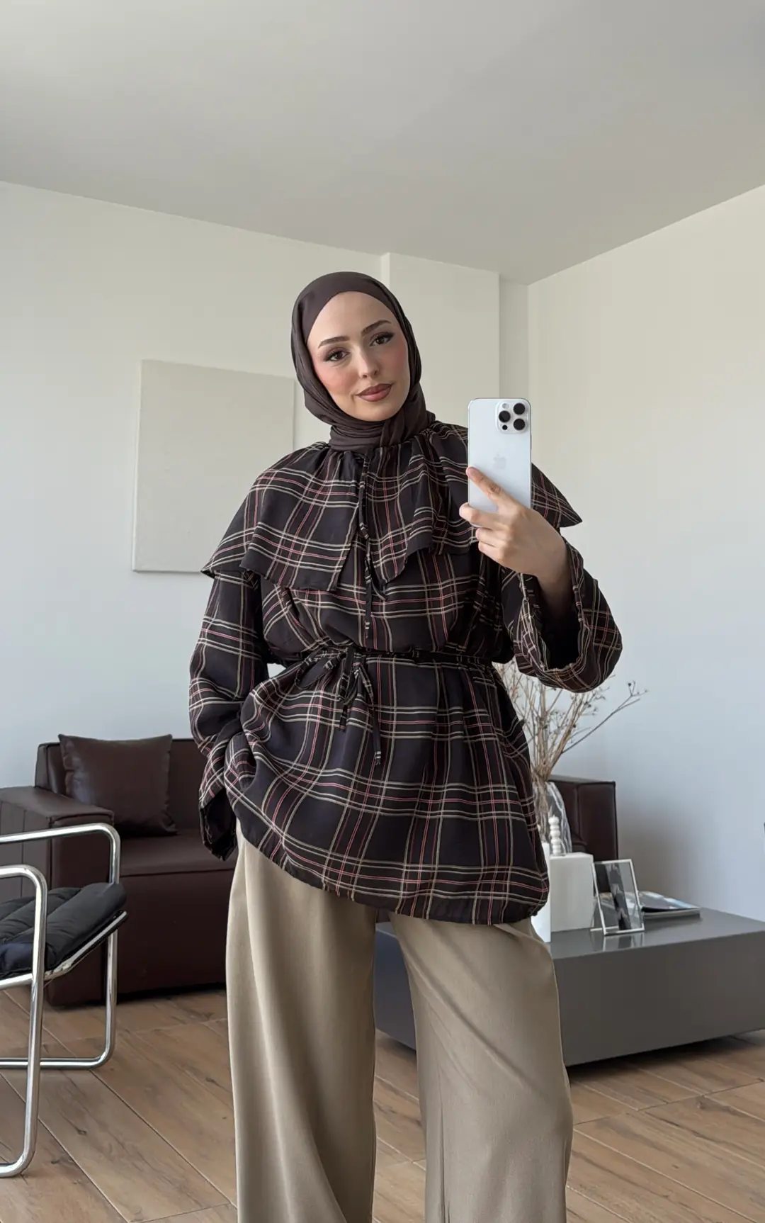 Pelerinli BağcıklI Bluz Kahve Ekose