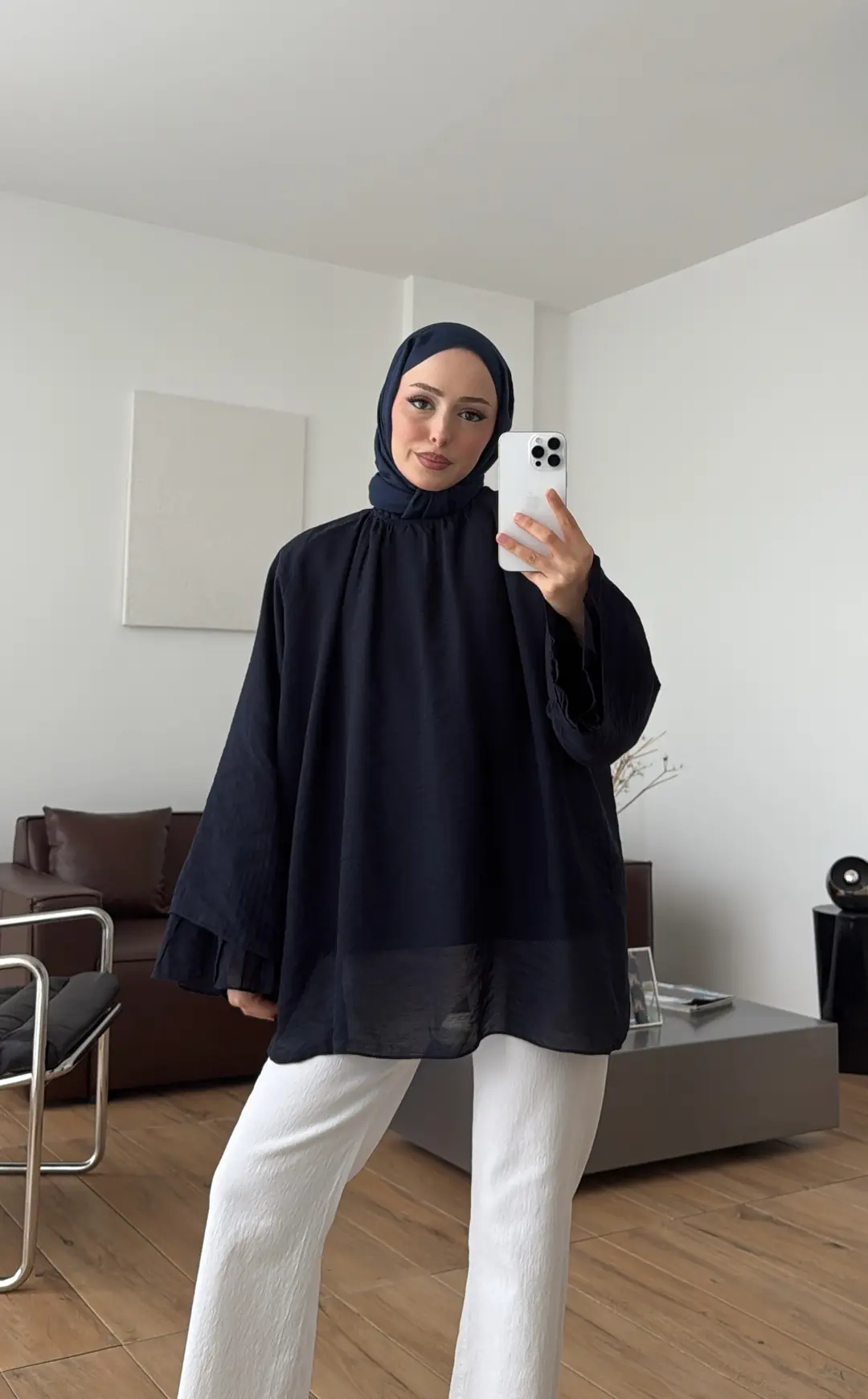 Dökümlü Şifon Bluz Lacivert