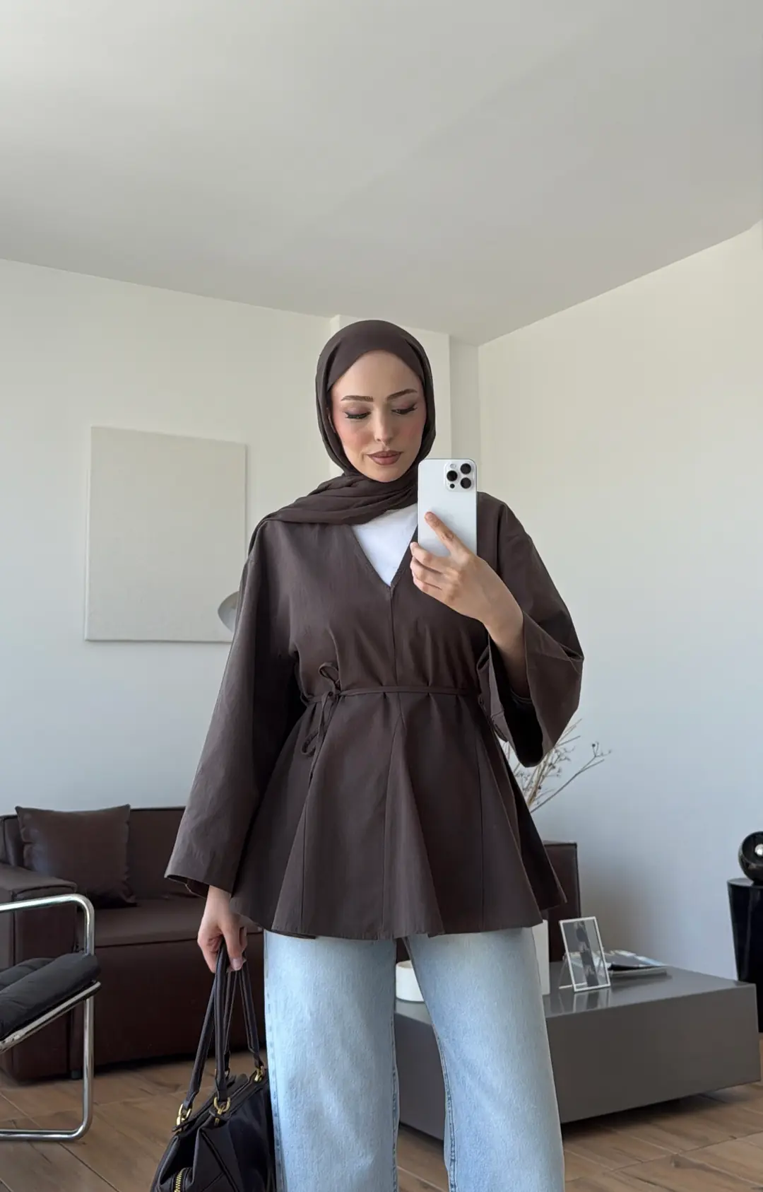 Volanlı Belden İpli Tunik Kahve