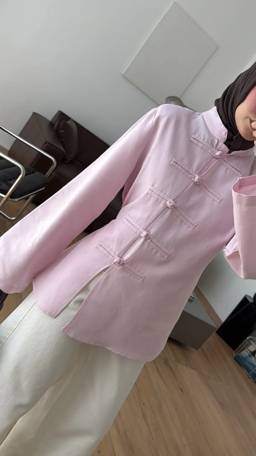 Süslü Düğmeli Keten Bluz Pembe