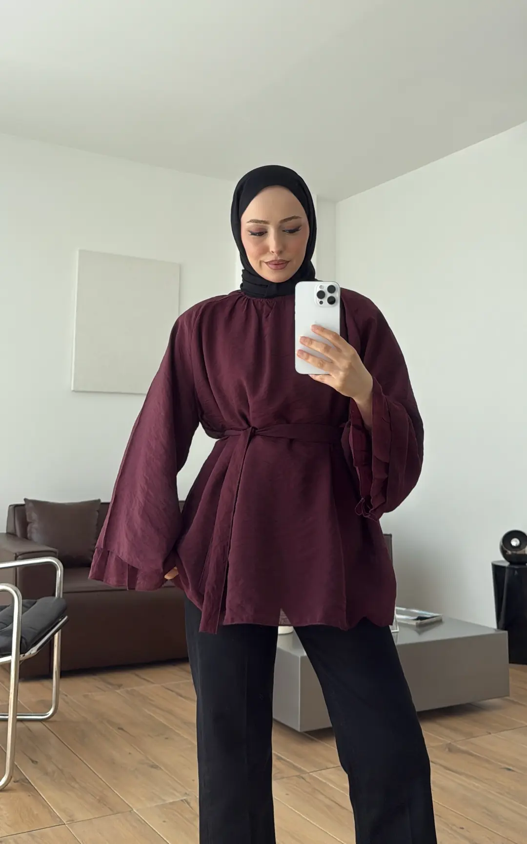 Dökümlü Şifon Bluz Bordo
