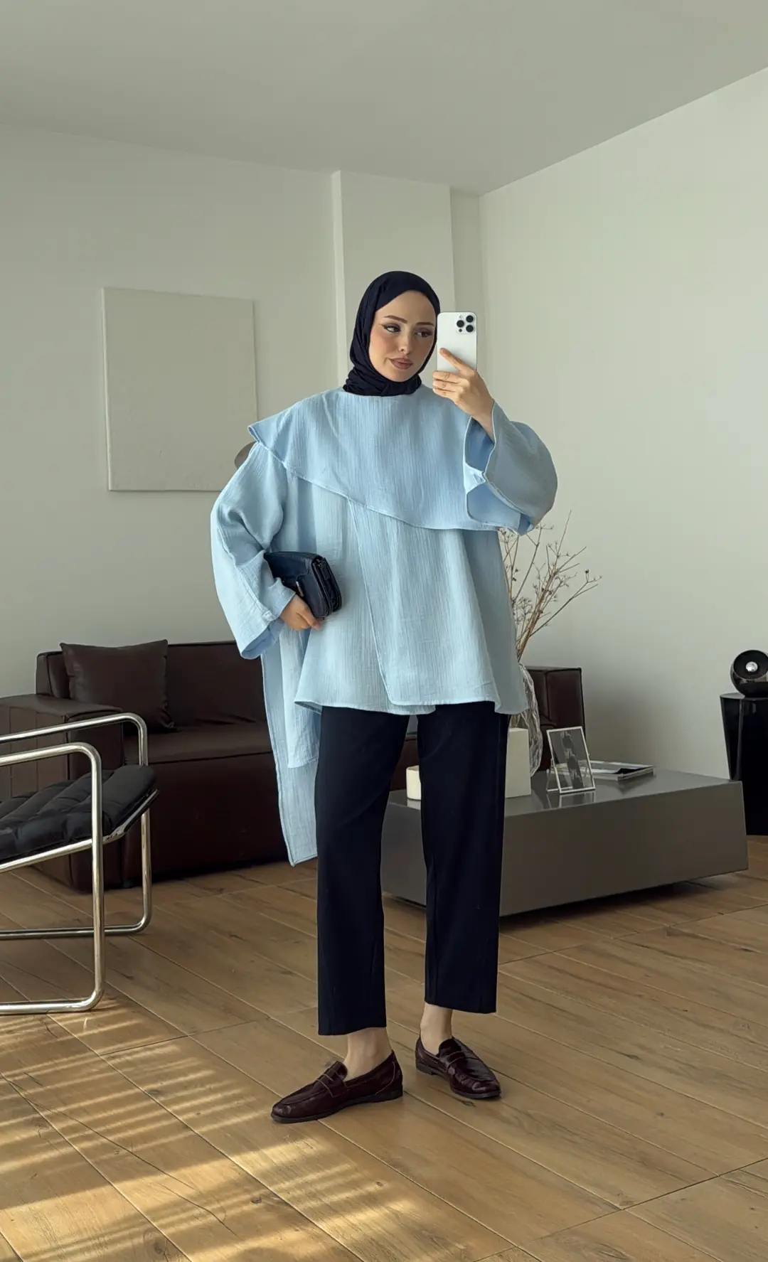 Şal Detaylı Müslin Bluz Mavi