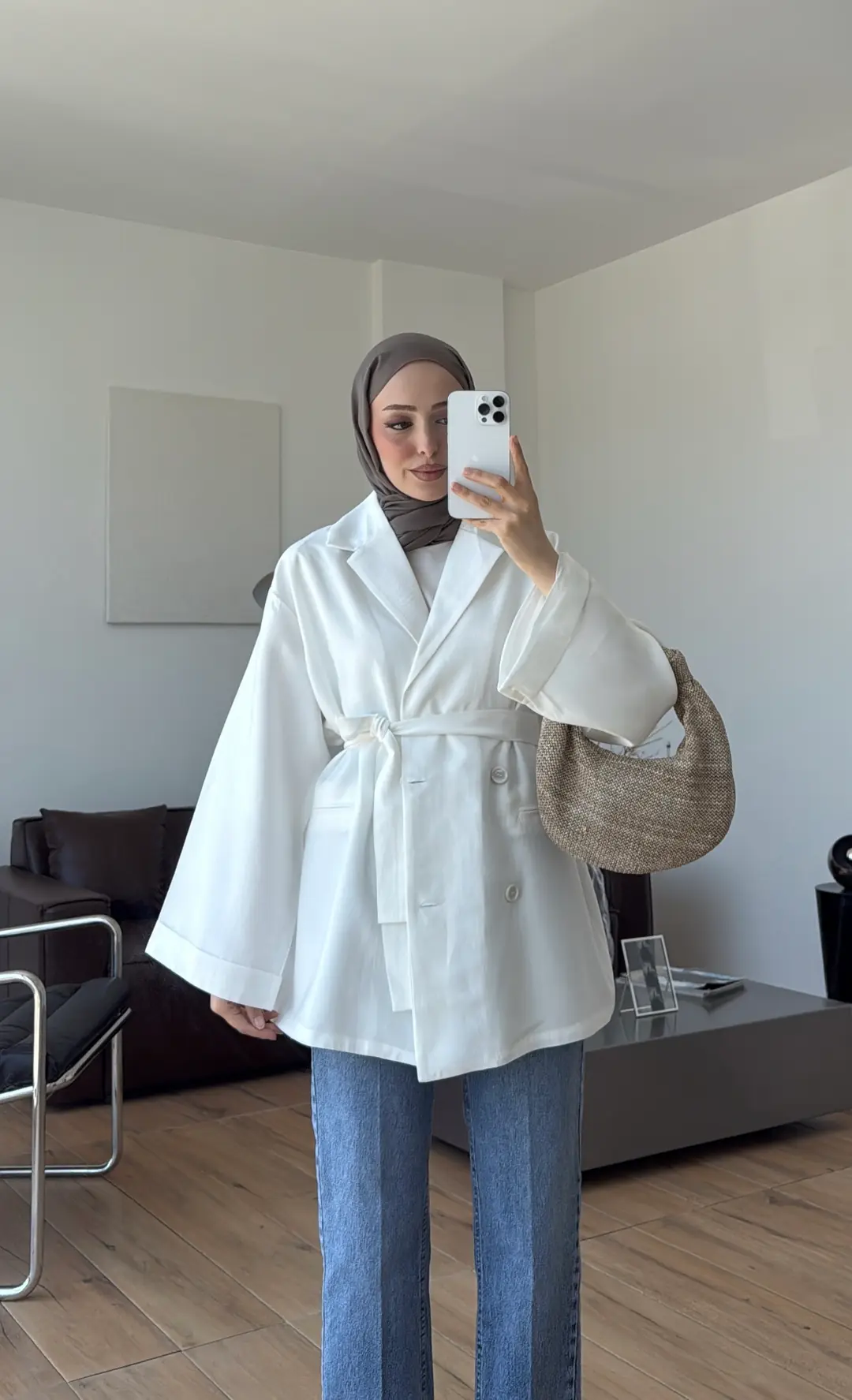 Kemerli Cepli Yazlık Ceket Beyaz