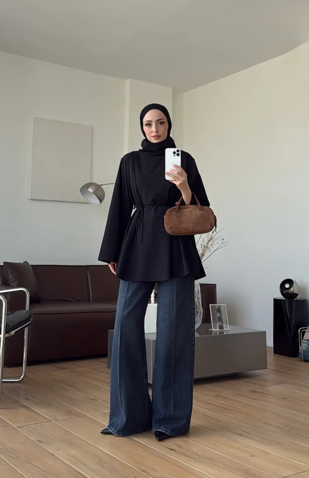 Bel Bağlamalı Dik Yaka Tunik Siyah