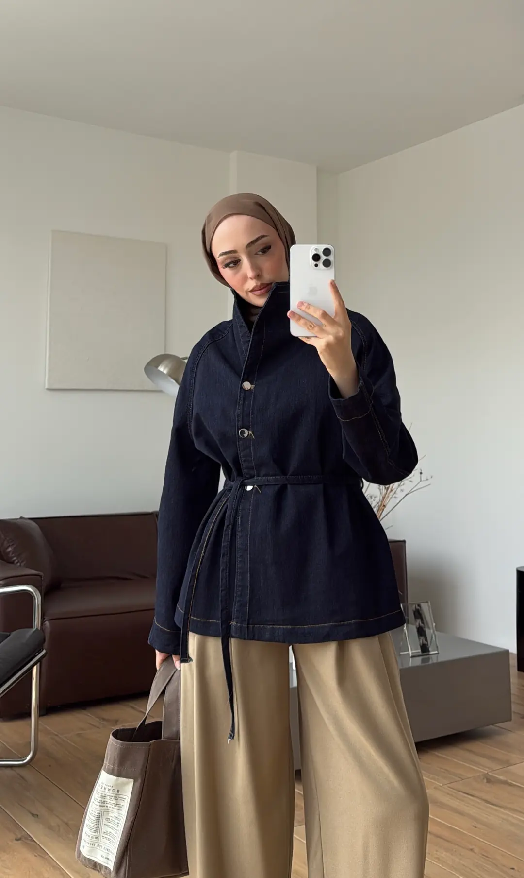 Dik Yaka Lacivert Denim Ceket