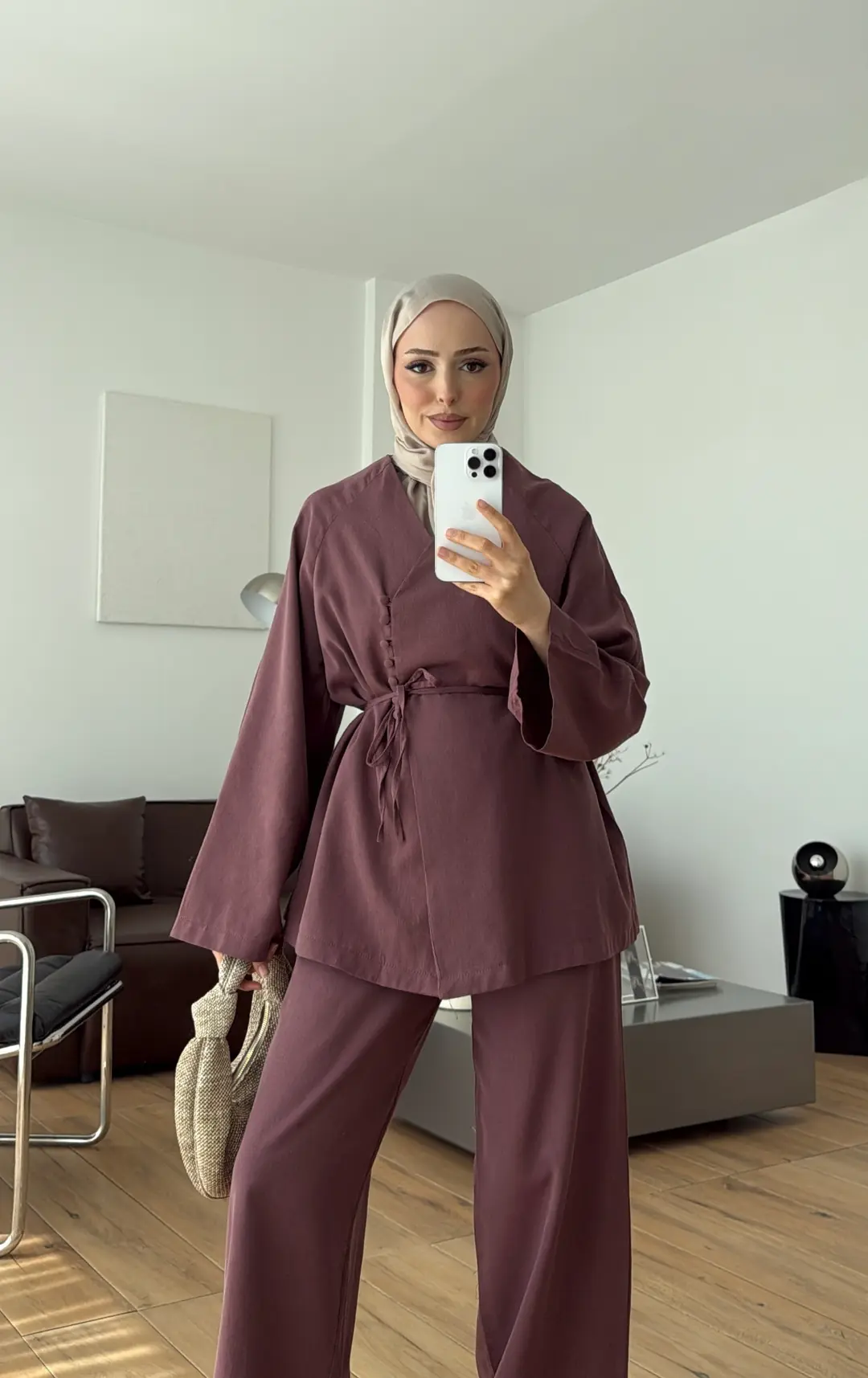 Sık Düğmeli Keten Takım Mürdüm