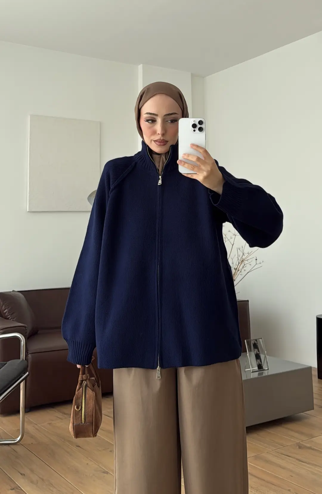 Çift Fermuarlı Triko Hırka Lacivert