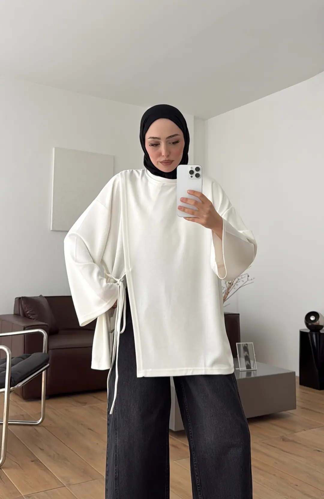Yan Biye Bağlamalı Tunik Ekru