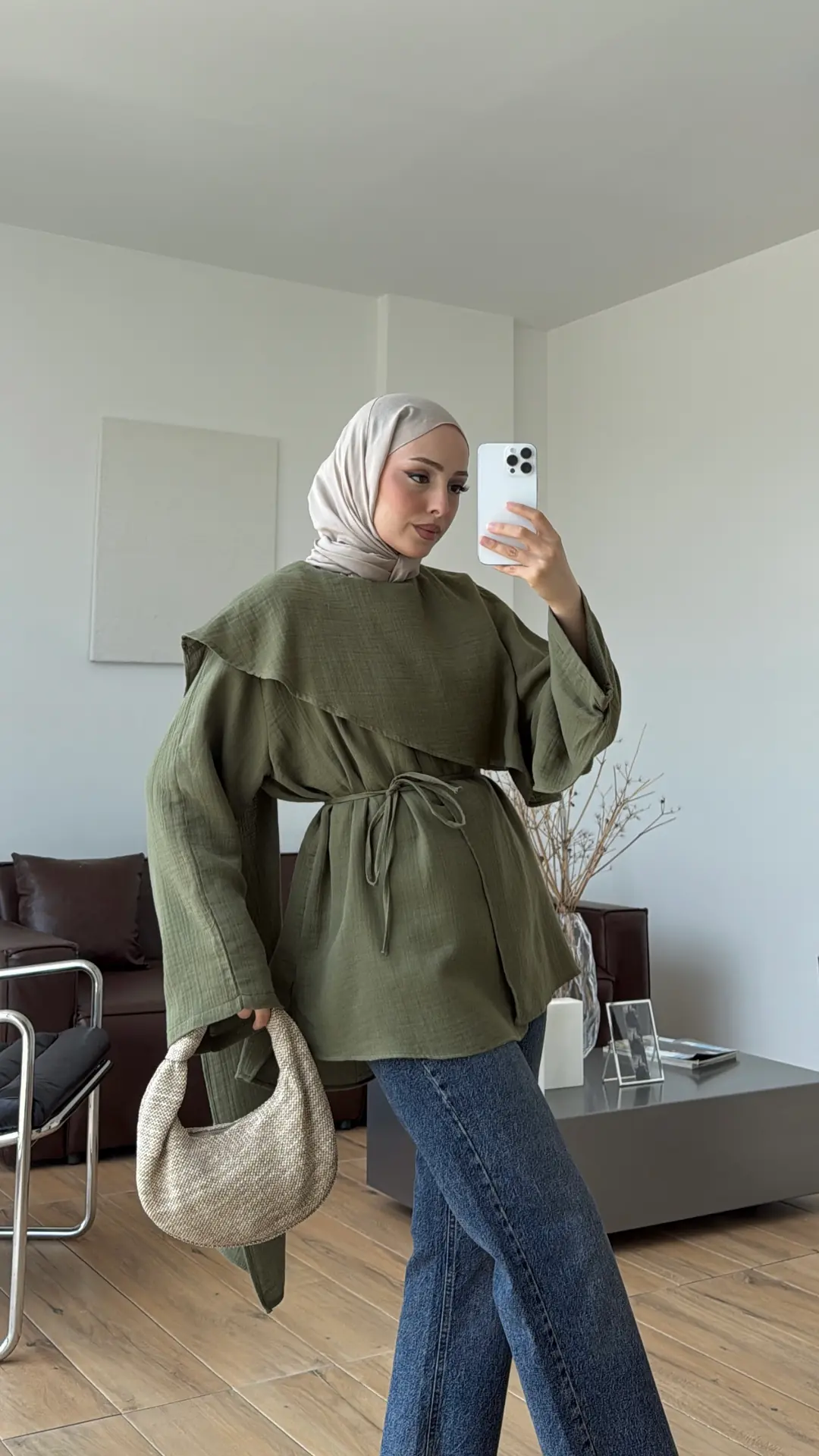 Şal Detaylı Müslin Bluz Haki