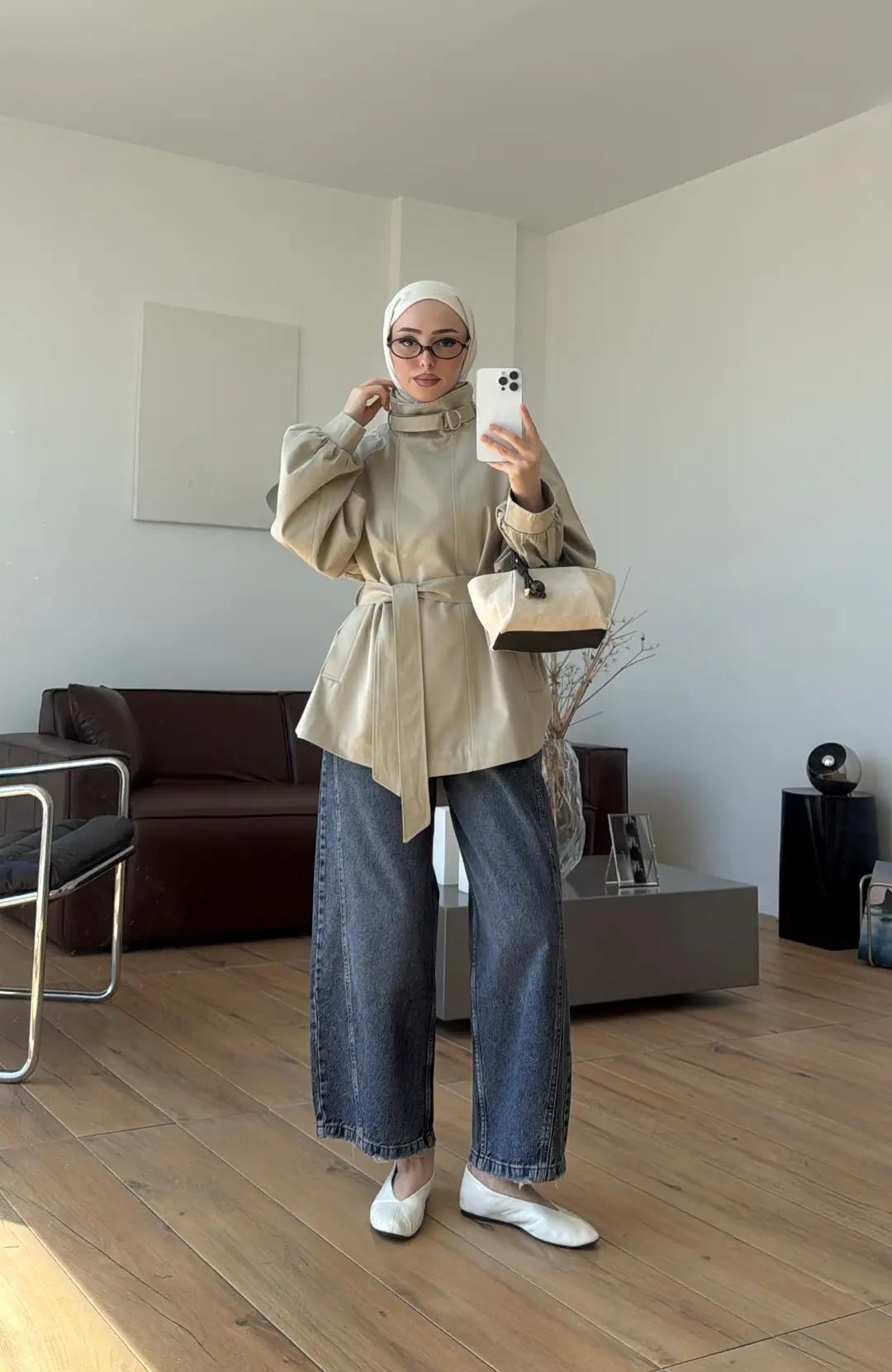 Kuşaklı Dik Yaka Ceket Haki