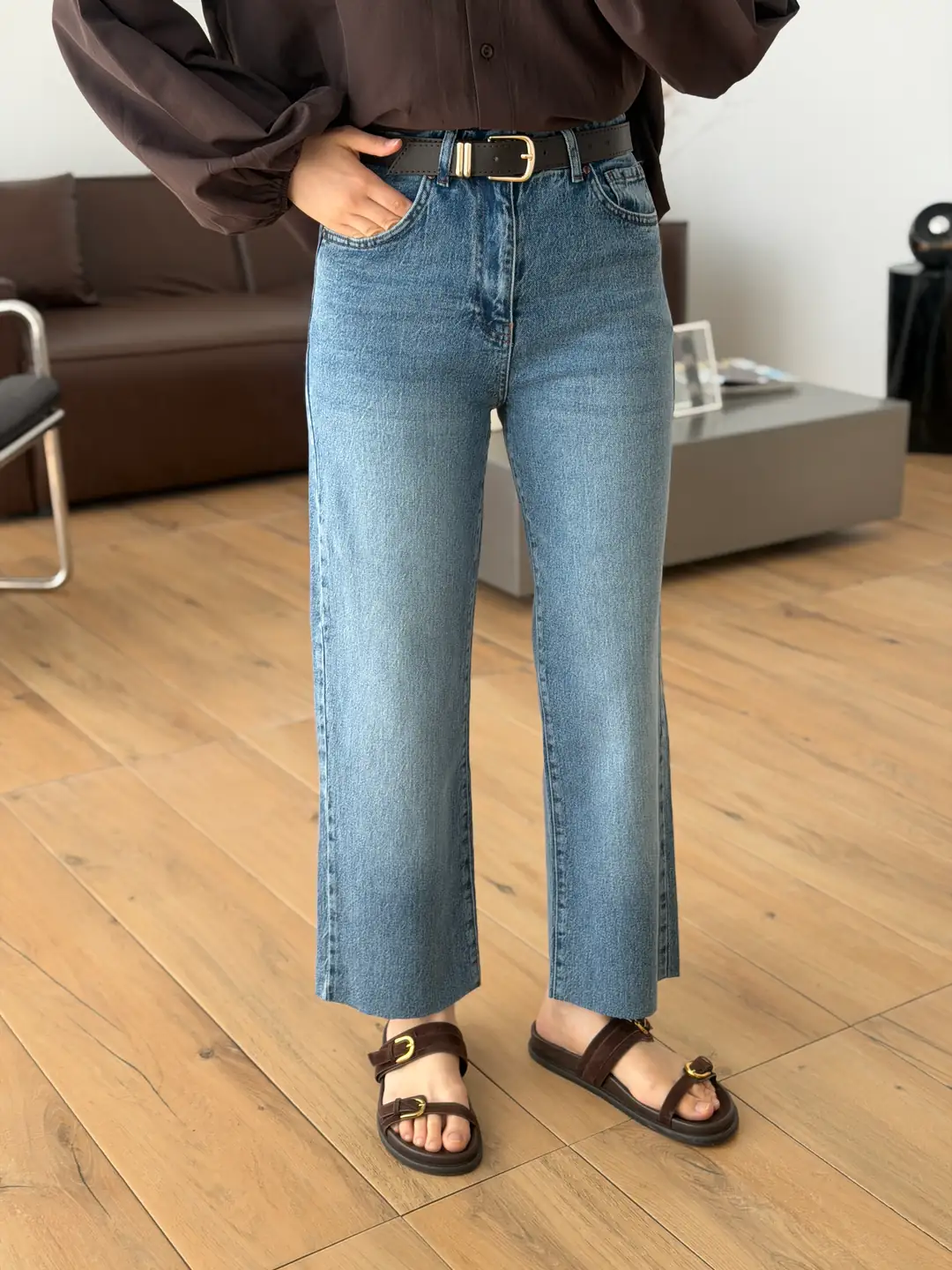 Premium Paçası Kesik Jean Koyu Mavi