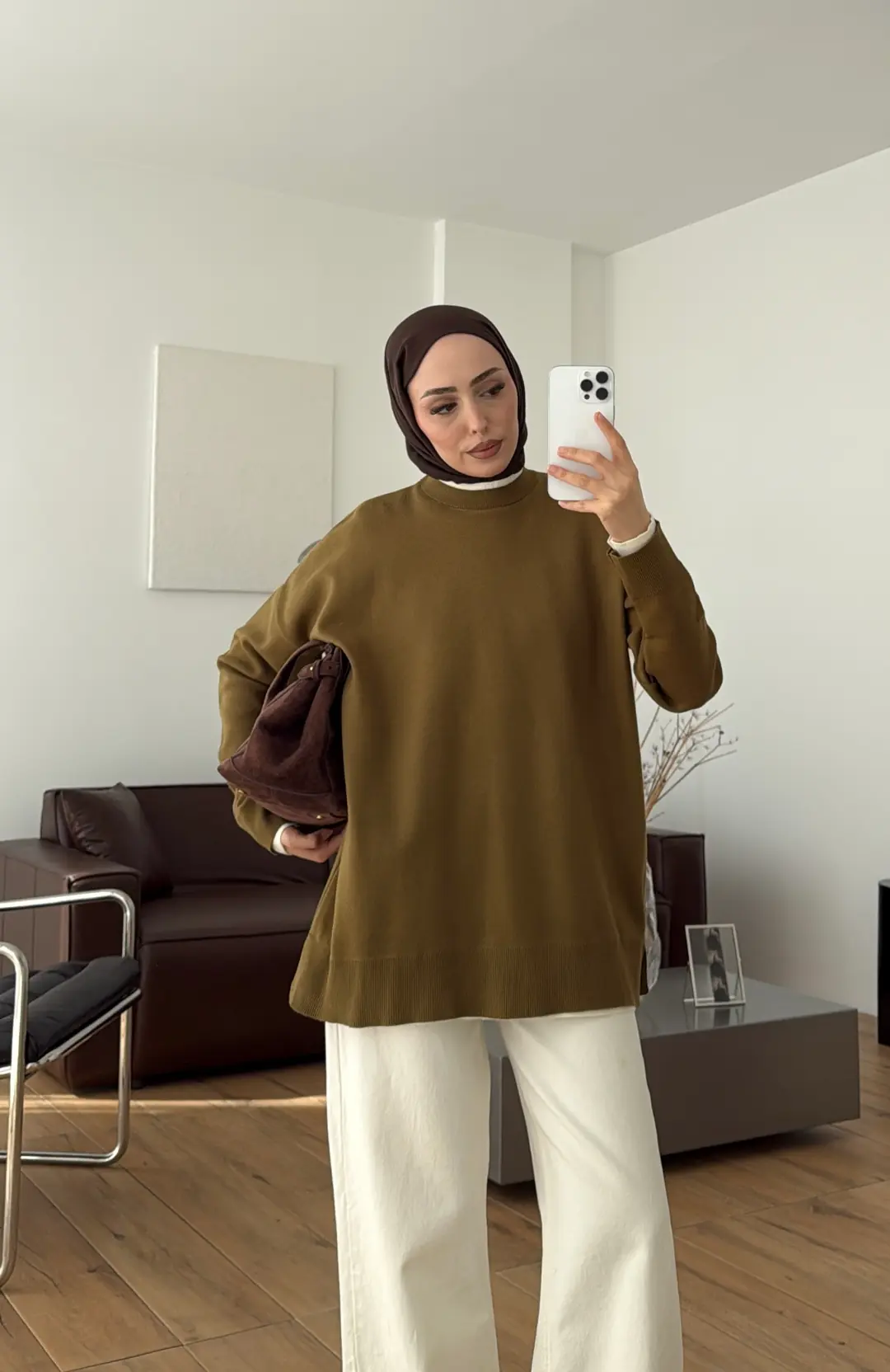 Kontrast Geçişli Triko Kazak Olive