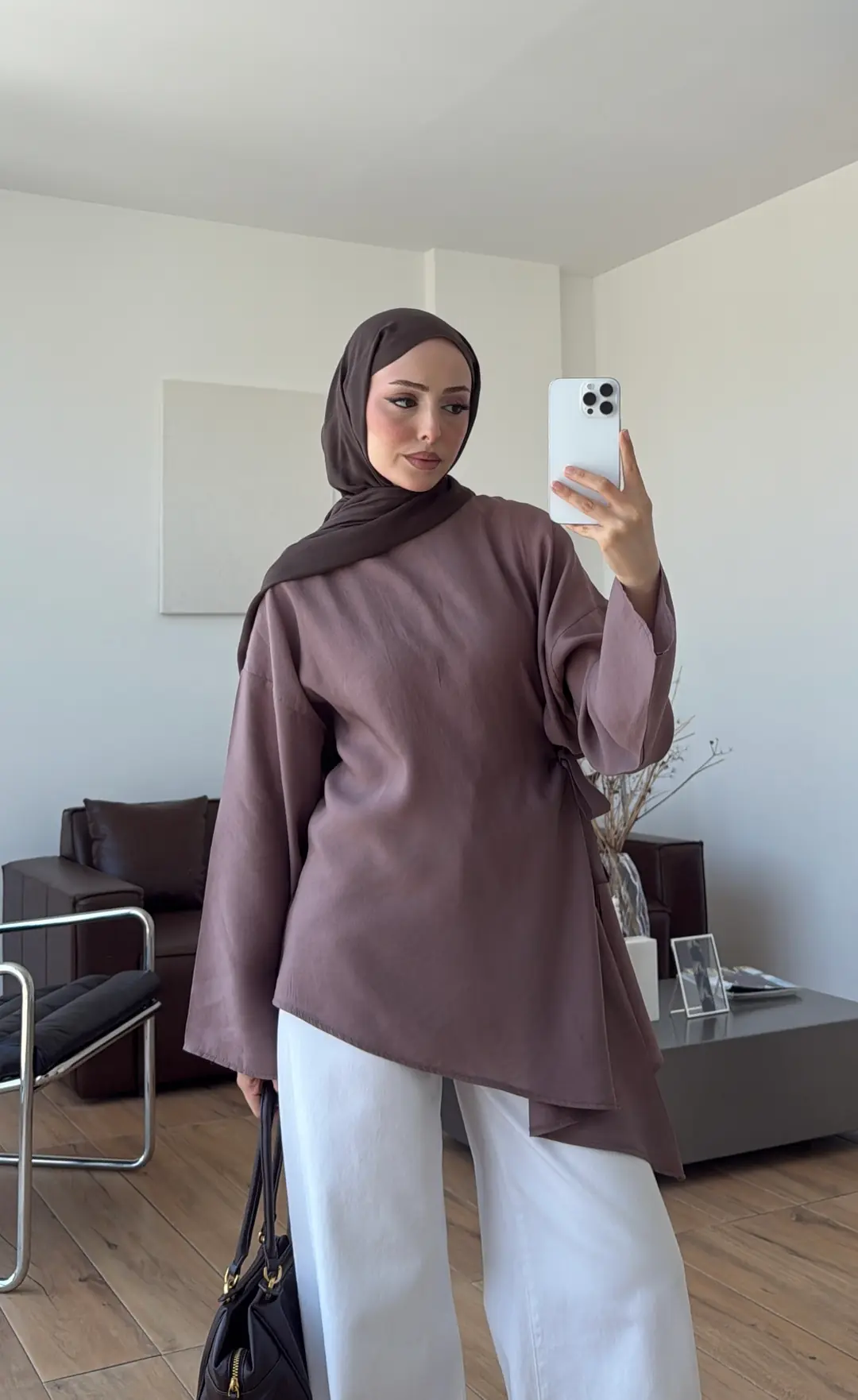 Yandan Bağlamalı Asimetri Bluz Vizon