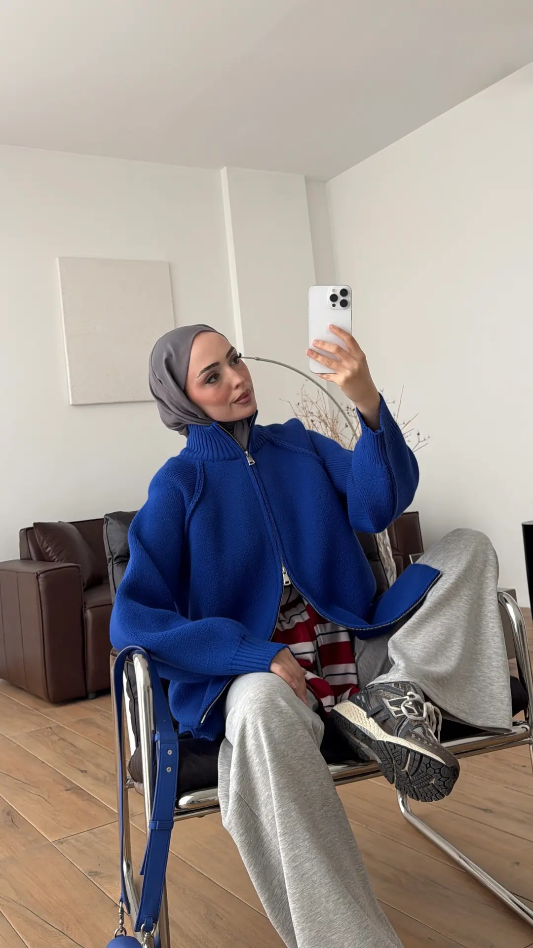 Çift Fermuarlı Triko Hırka Saks