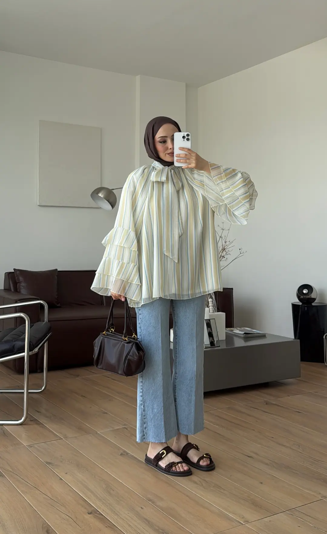 Oryo Çizgili Şifon Bluz Sarı