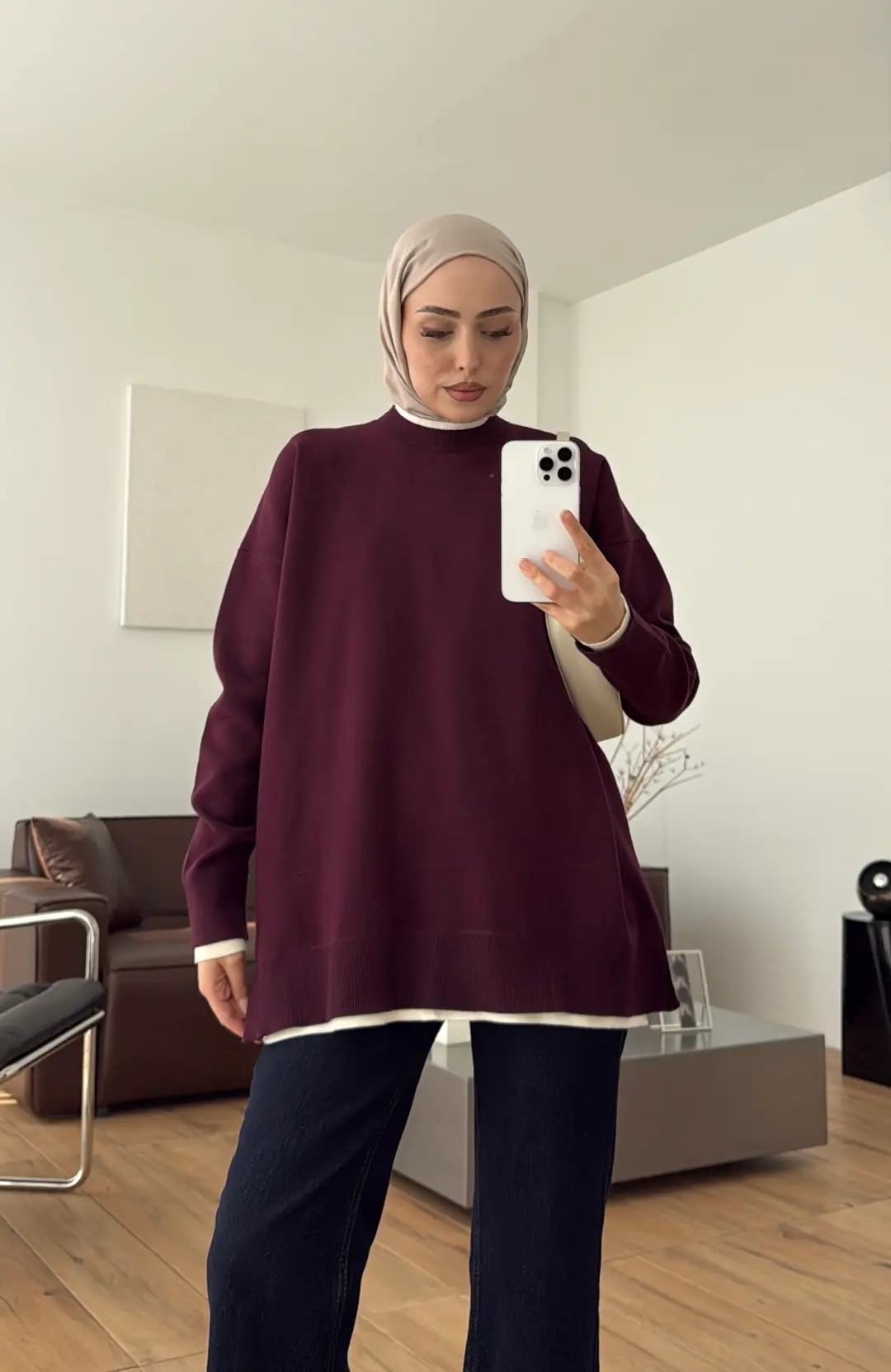 Kontrast Geçişli Triko Kazak Mürdüm