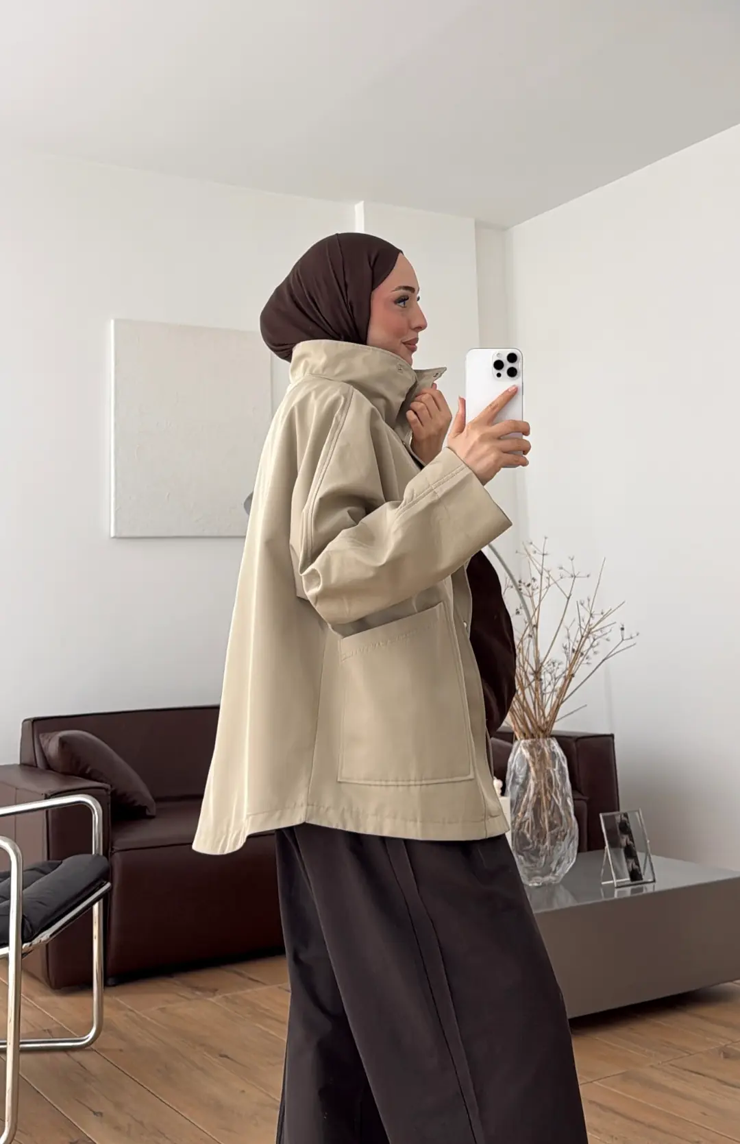 Geniş Yakalı Parka Koyu Bej