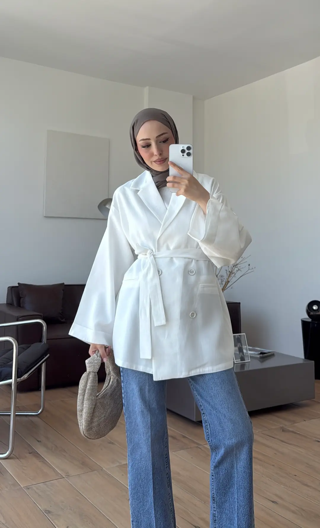 Kemerli Cepli Yazlık Ceket Beyaz