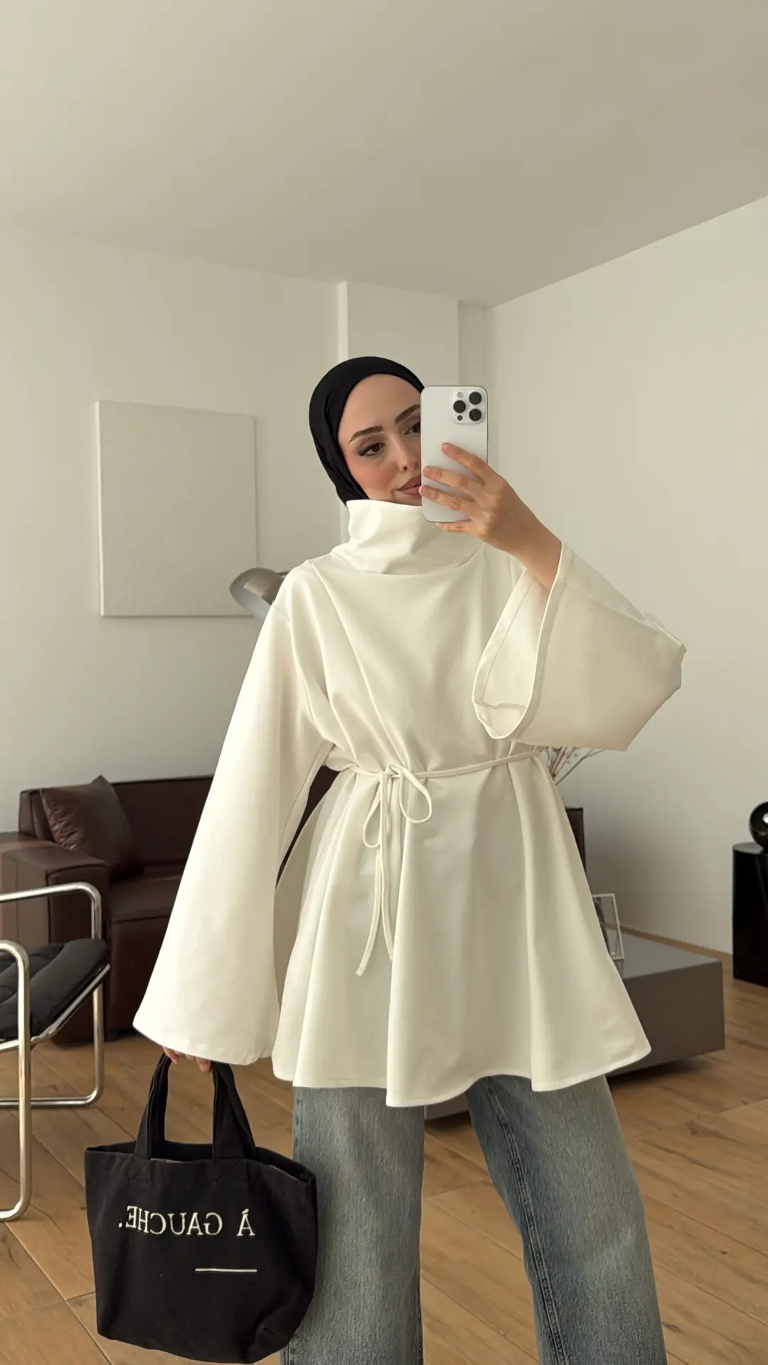 Bel Bağlamalı Dik Yaka Tunik Ekru