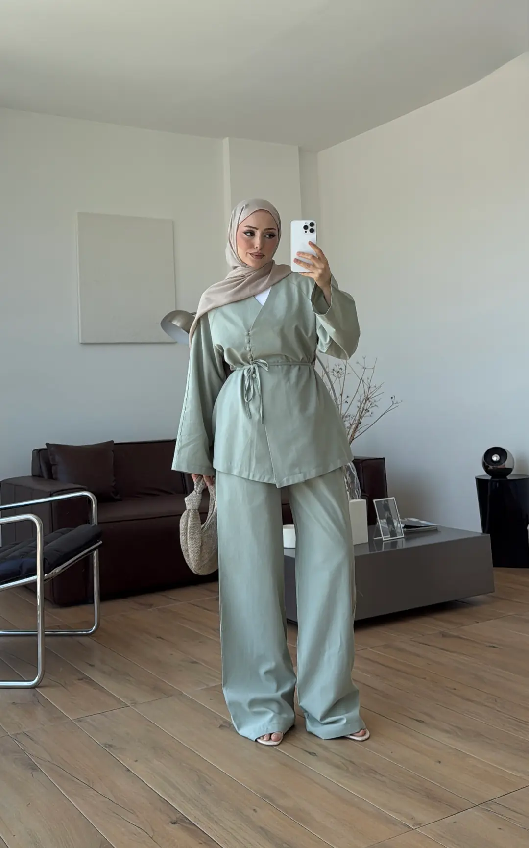 Sık Düğmeli Keten Takım Mint