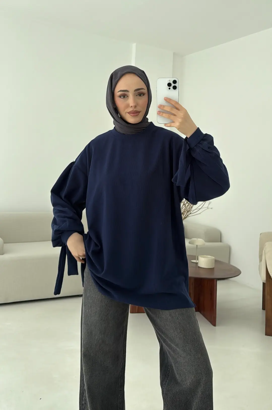 Selanik Balon Kol Bagcıklı Sweat Lacivert