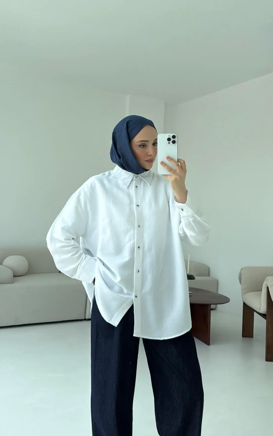 Basic Oversize Keten Gömlek Beyaz