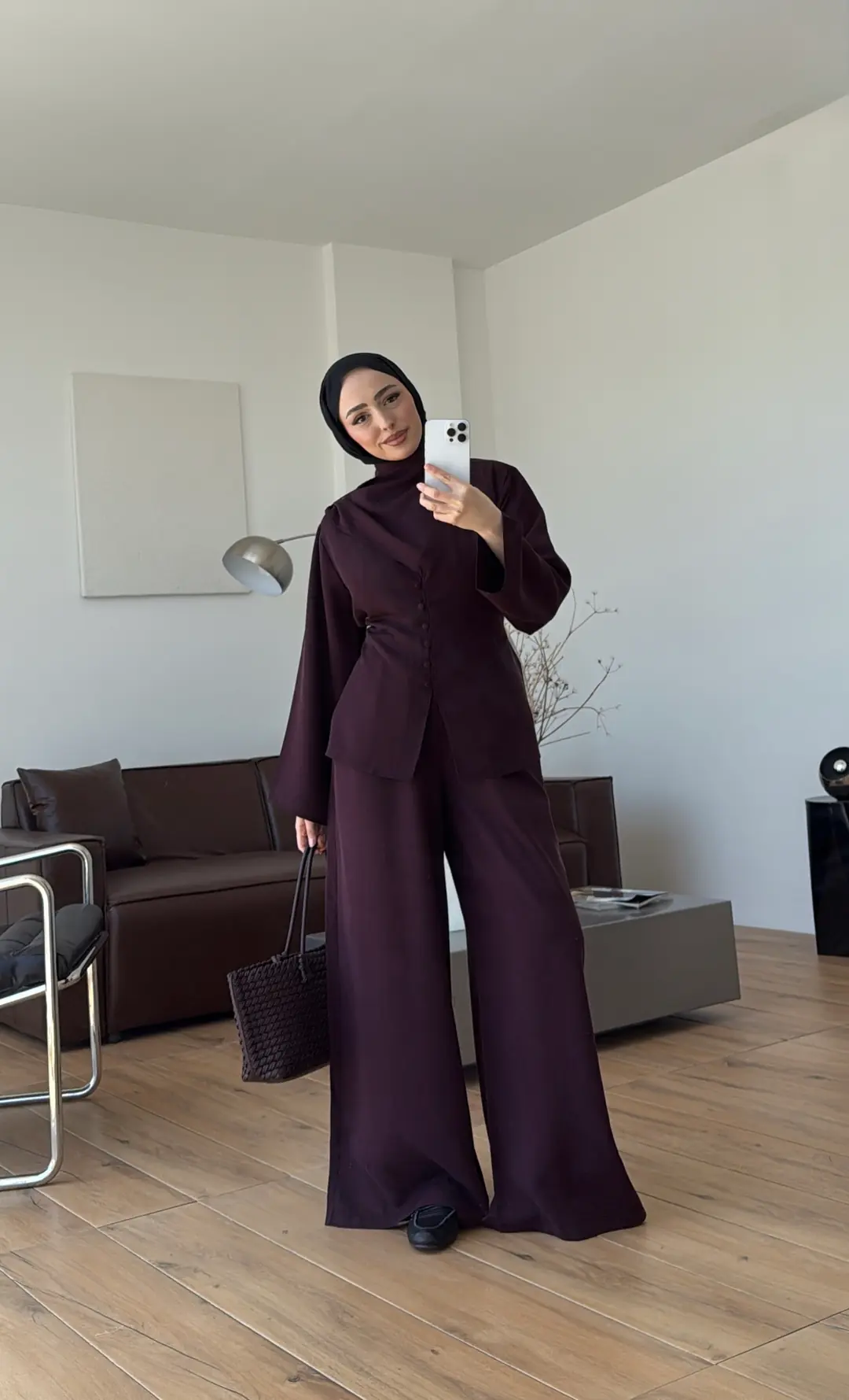 Şal Detay Bol Paçalı Takım Mürdüm