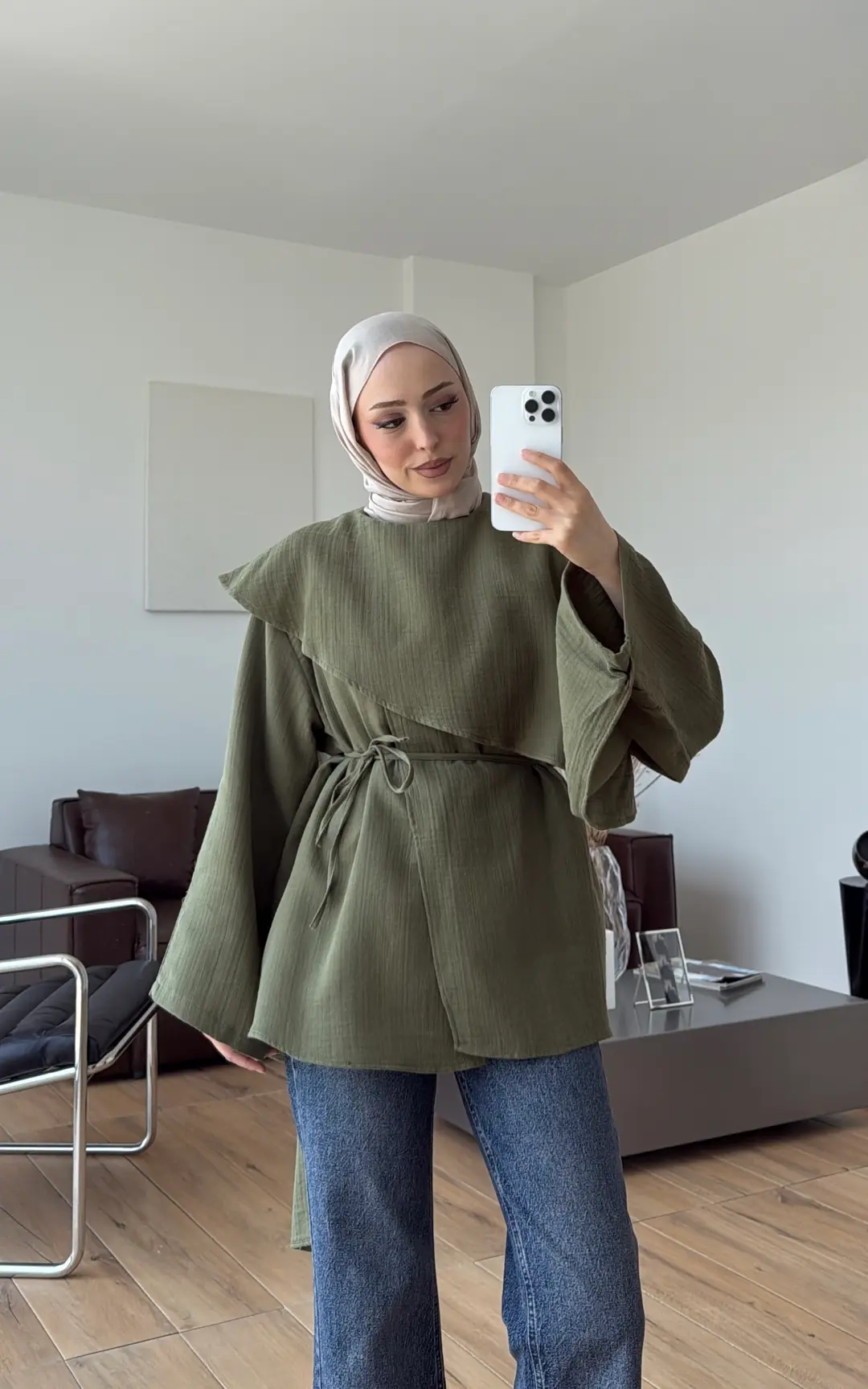 Şal Detaylı Müslin Bluz Haki
