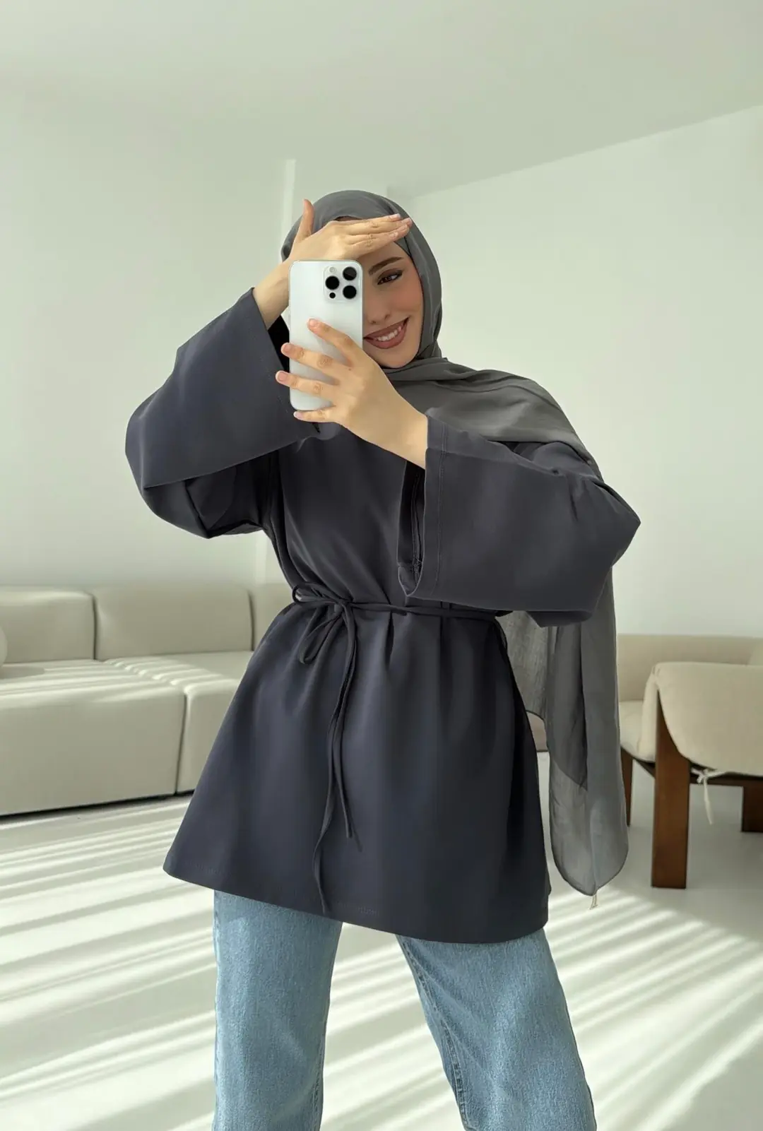 İki iplik Baglamalı Bluz Koyu  Gri
