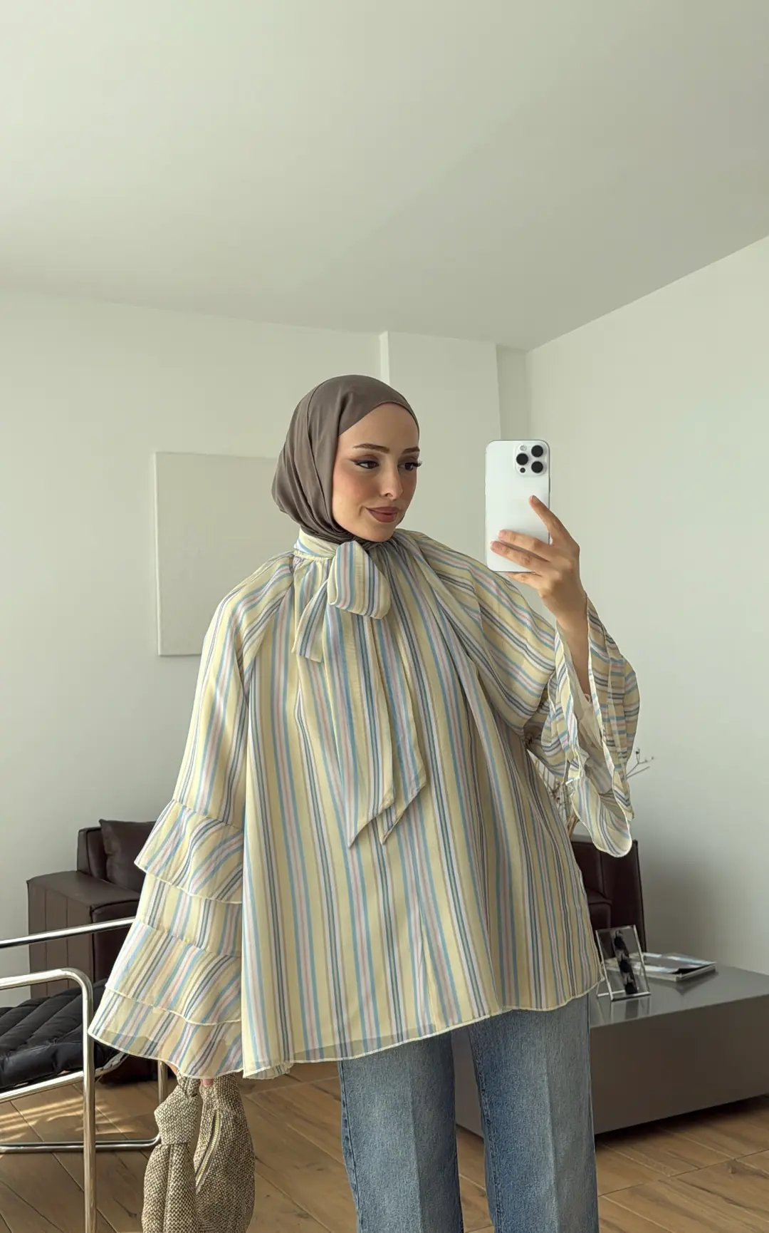Oryo Çizgili Şifon Bluz Sarı