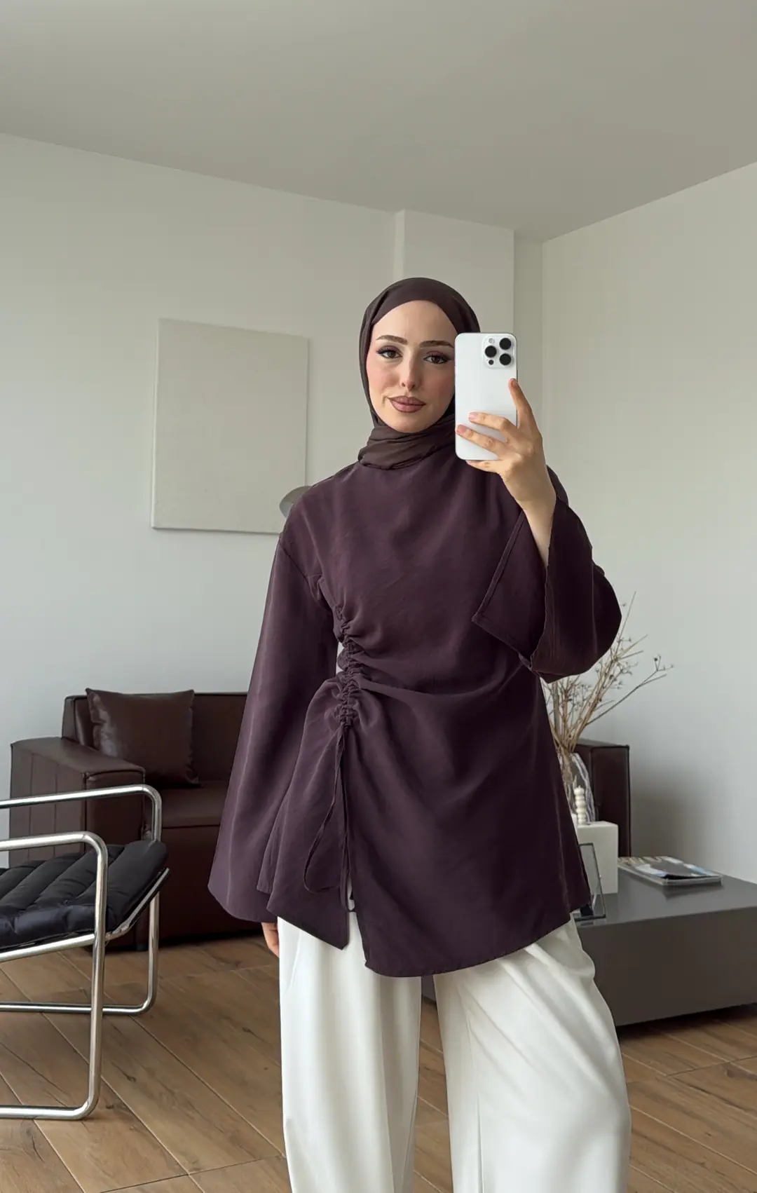 Yandan Büzgülü Yırtmaç Detay Bluz Mürdüm