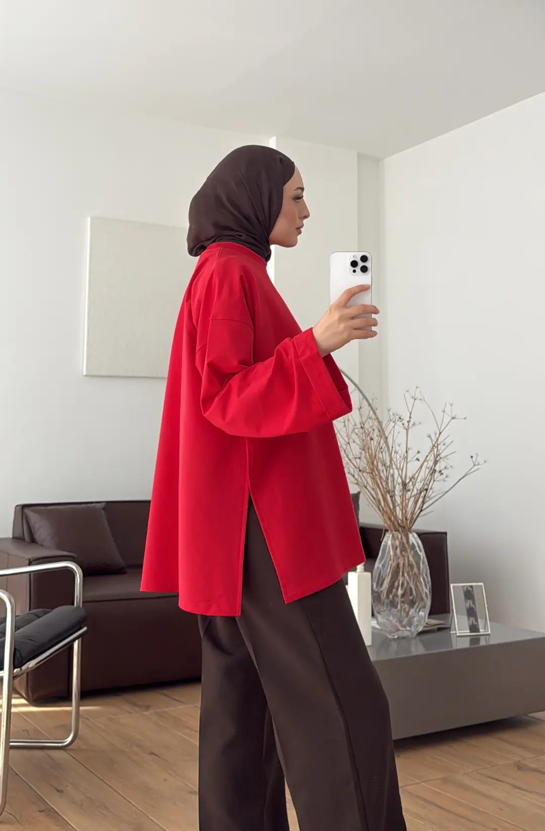 Bağlamalı Yanı Yırtmaç Detay Sweatshırt Kırmızı