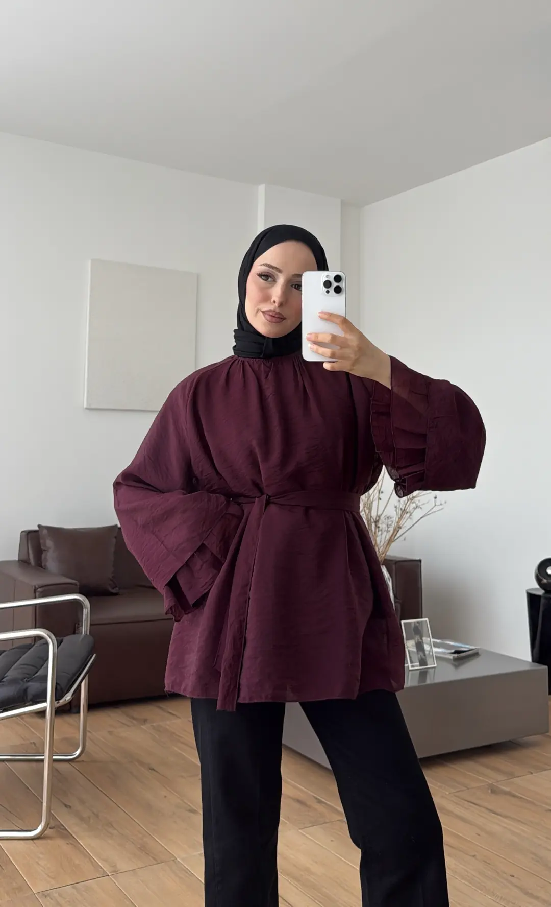 Dökümlü Şifon Bluz Bordo