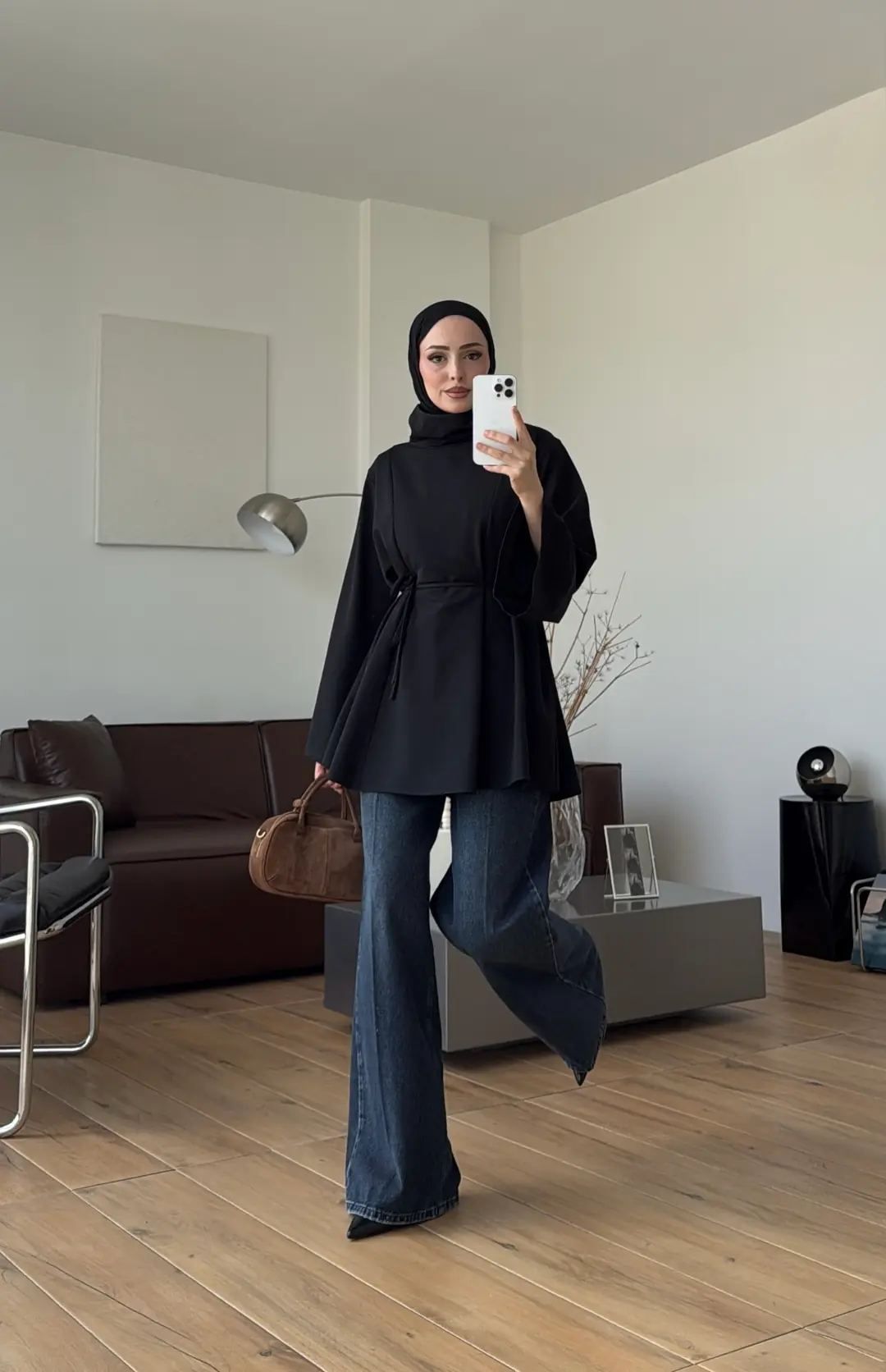 Bel Bağlamalı Dik Yaka Tunik Siyah