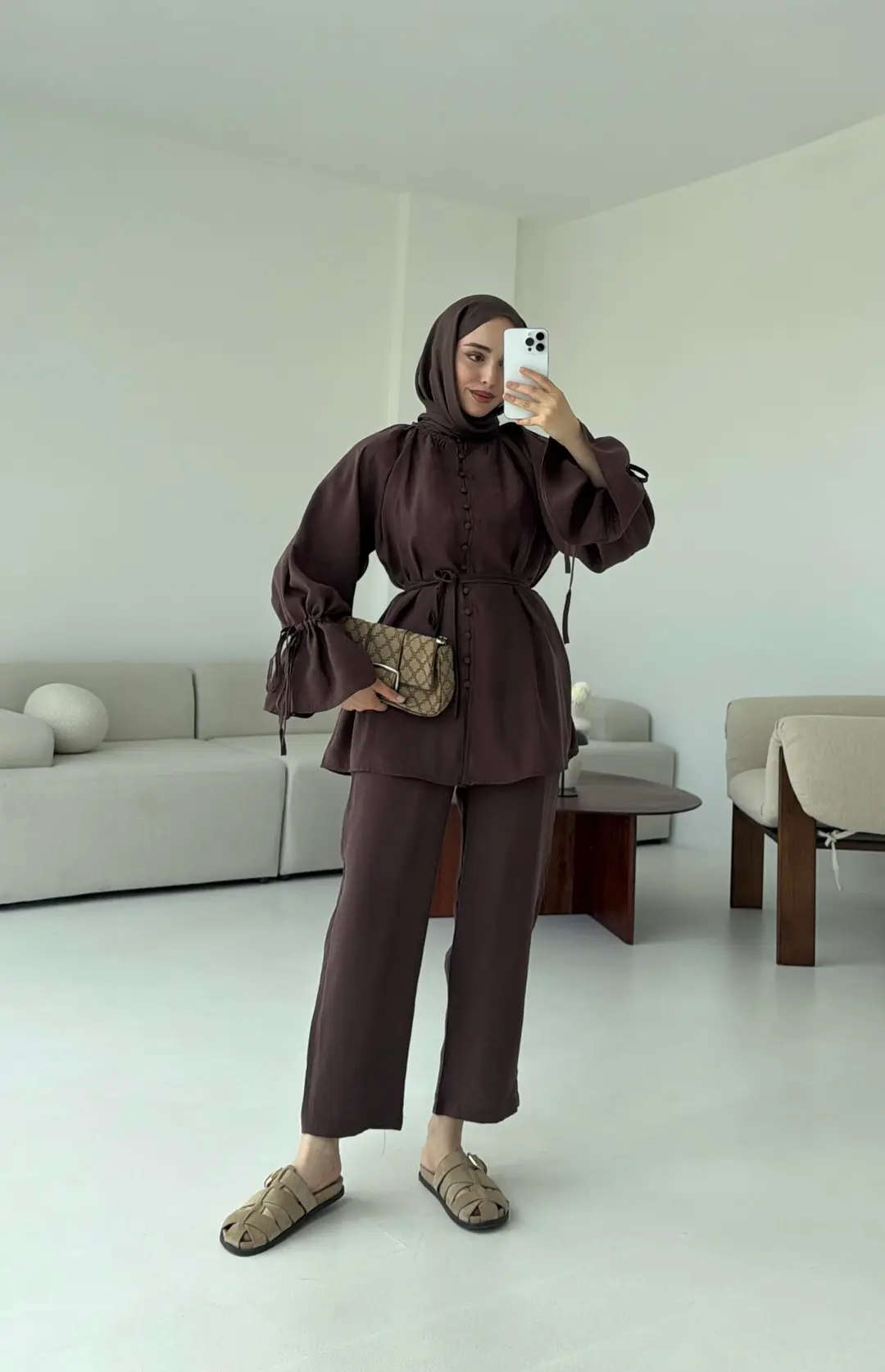 Birit  Düğmeli Tencel Takım Kahve