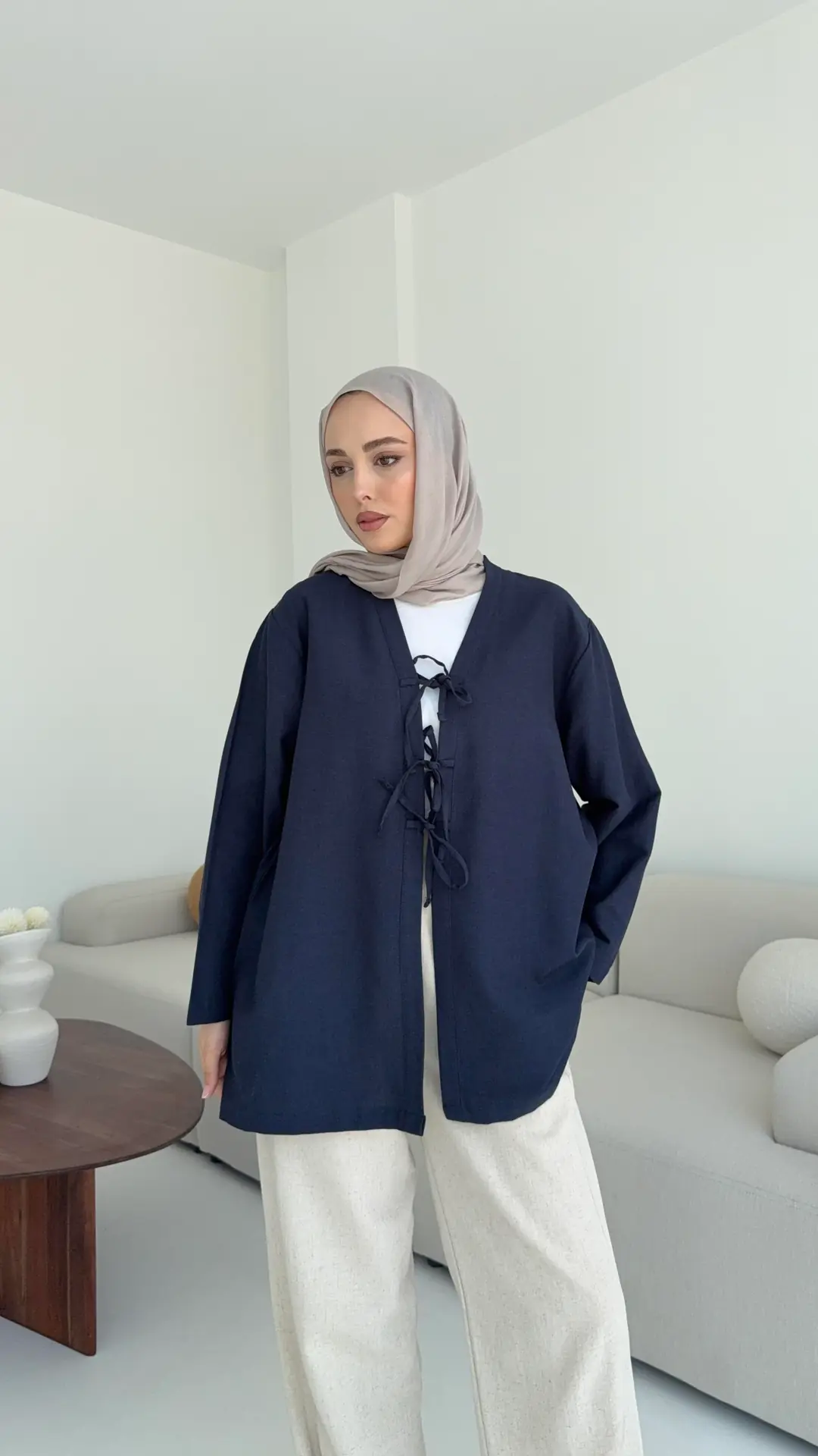 Keten Üç Bağlamalı Kimono Lacivert