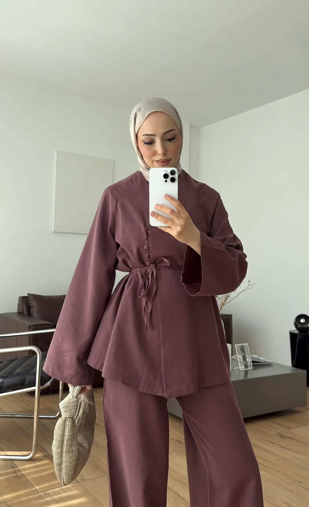 Sık Düğmeli Keten Takım Mürdüm