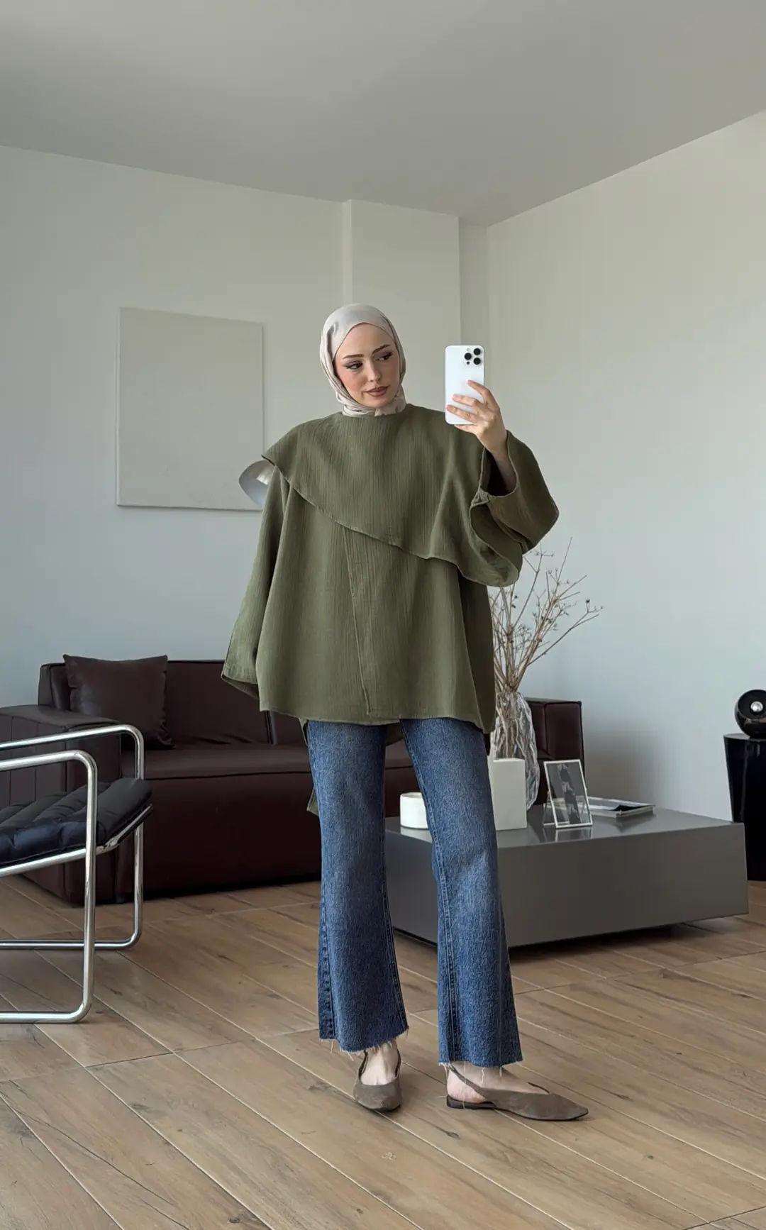 Şal Detaylı Müslin Bluz Haki