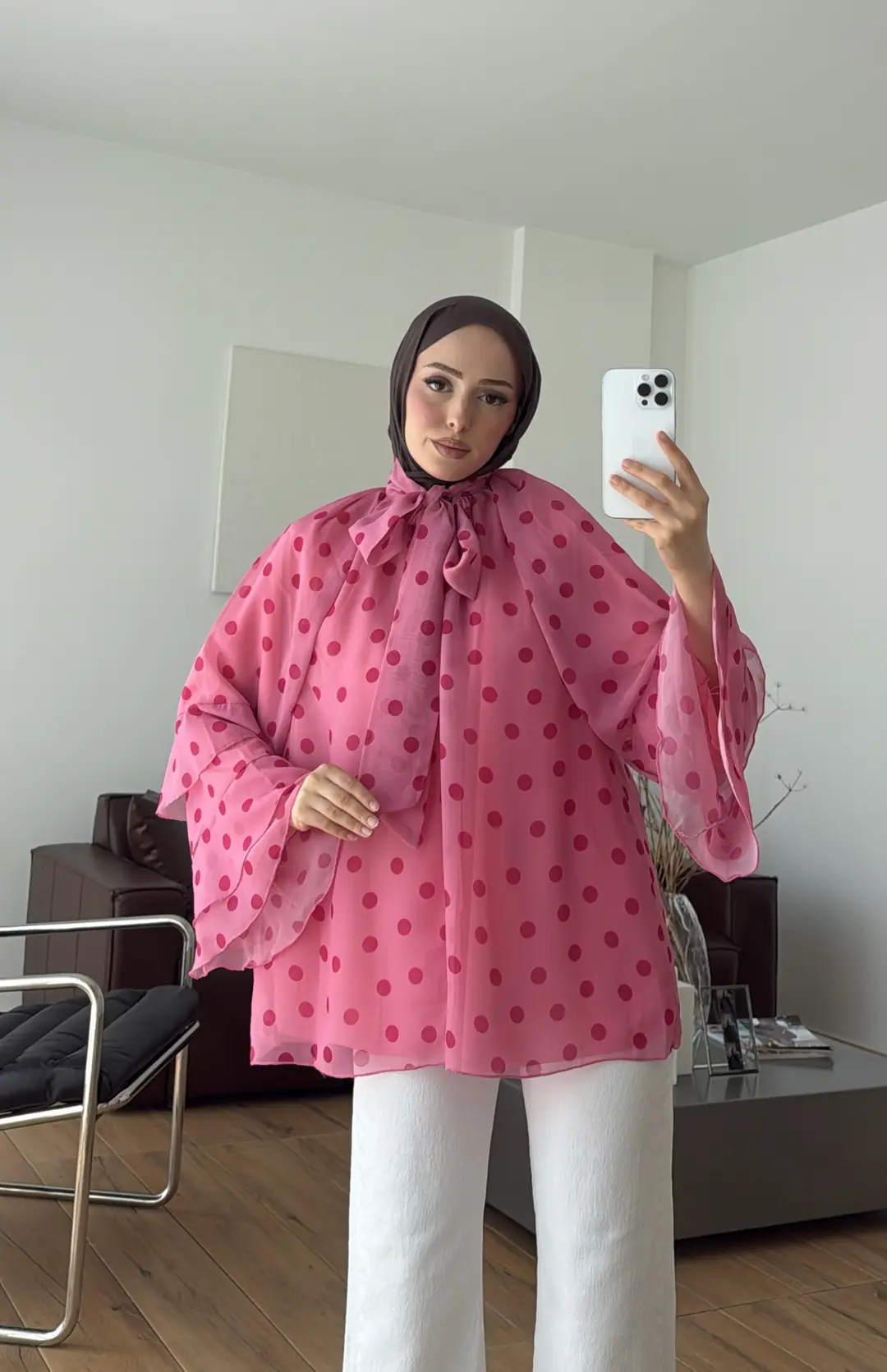 Oryo Puantiyeli Şifon Bluz Pembe