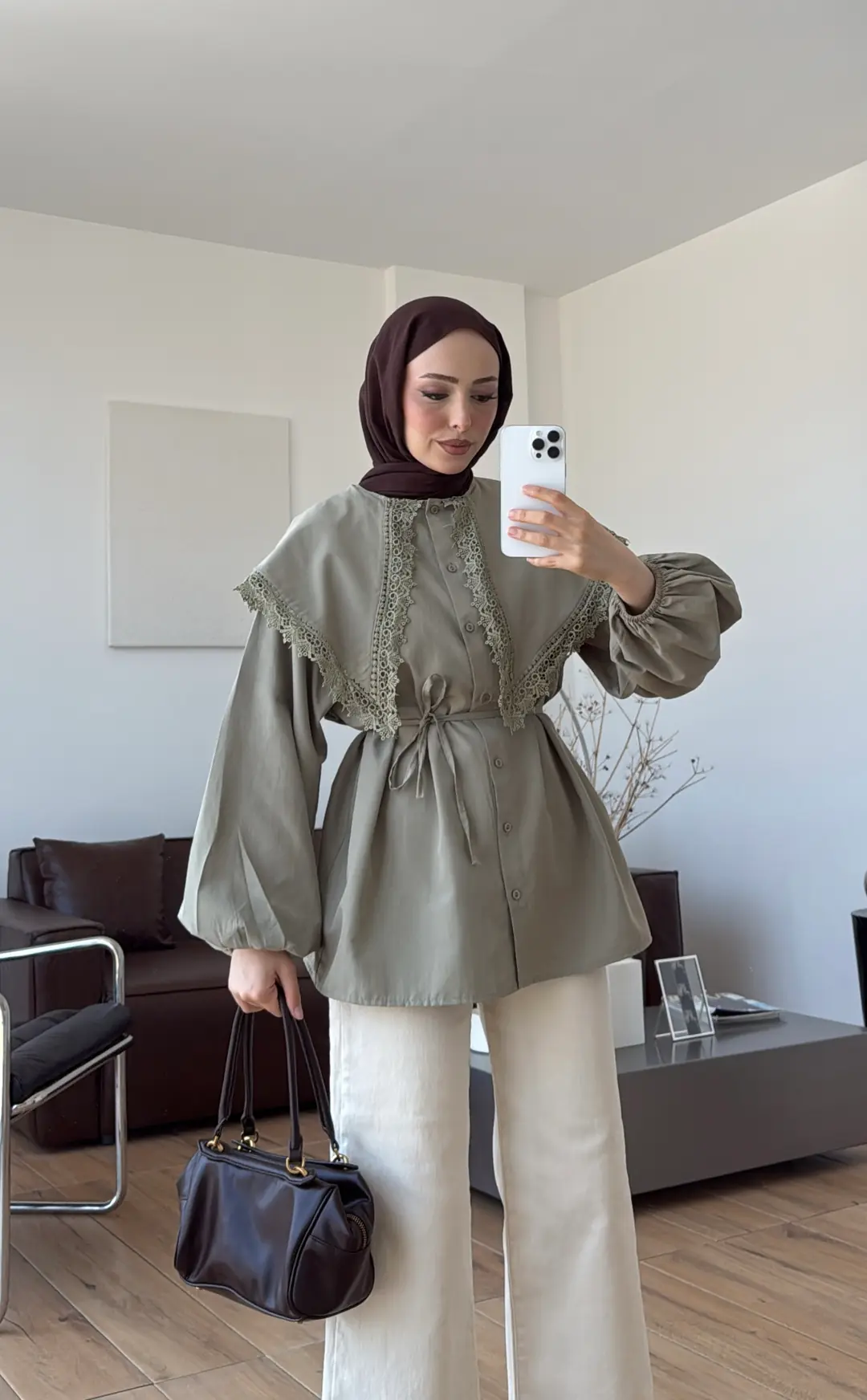 Mendil Yaka Dantel Detaylı Gömlek Acık Yeşil
