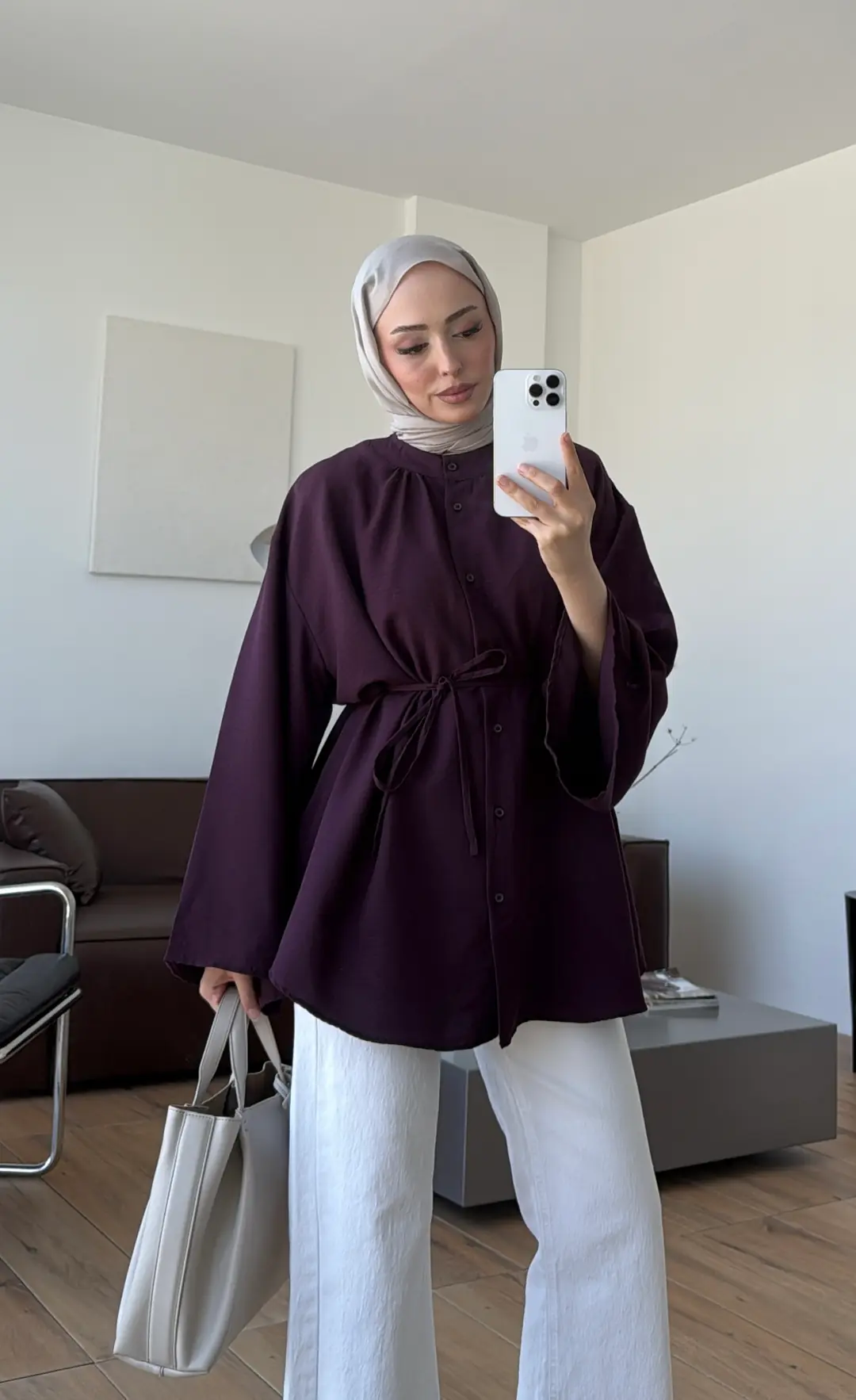 Büzgülü Bel Bağlamalı Gömlek Mürdüm