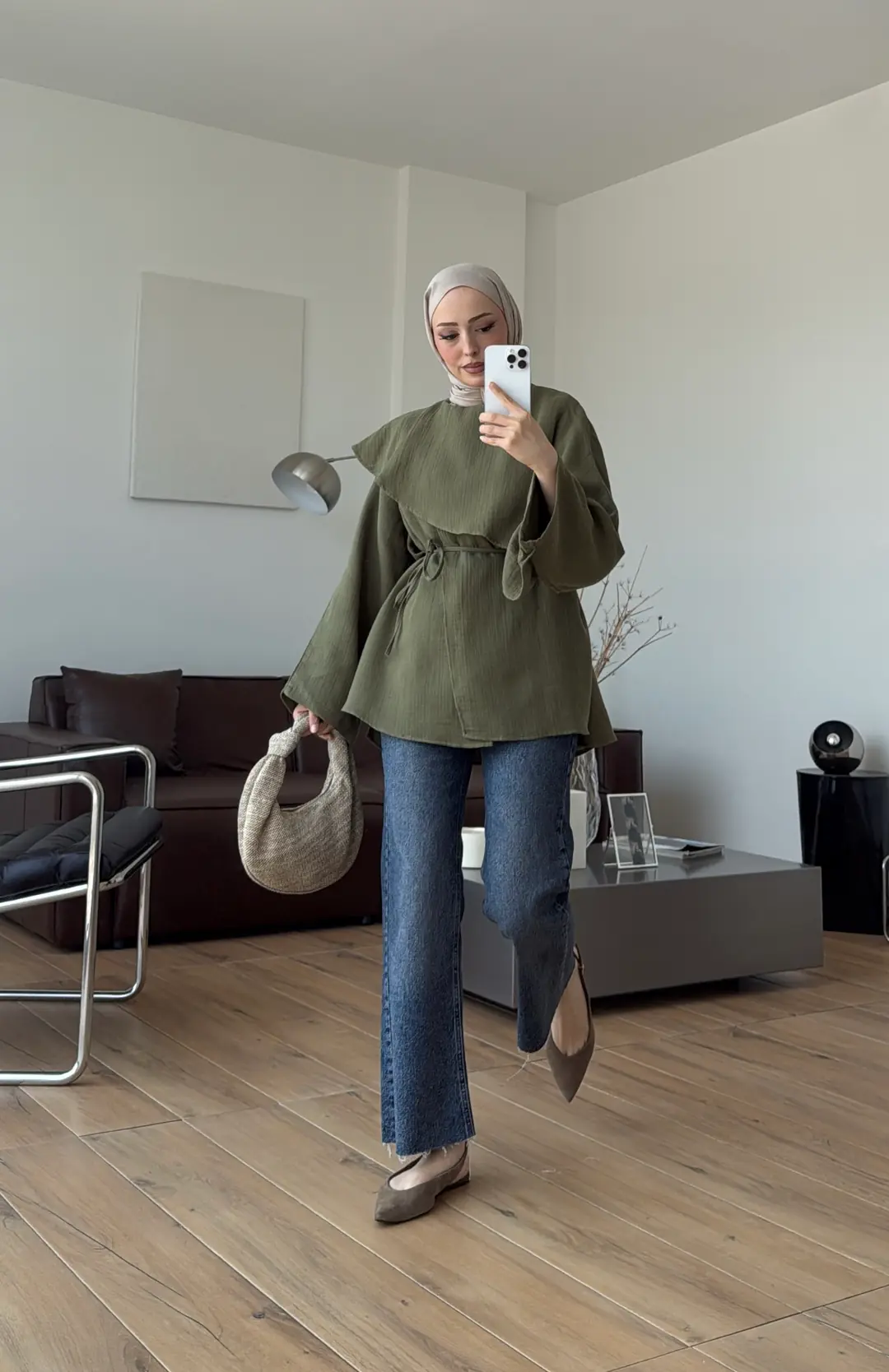 Şal Detaylı Müslin Bluz Haki